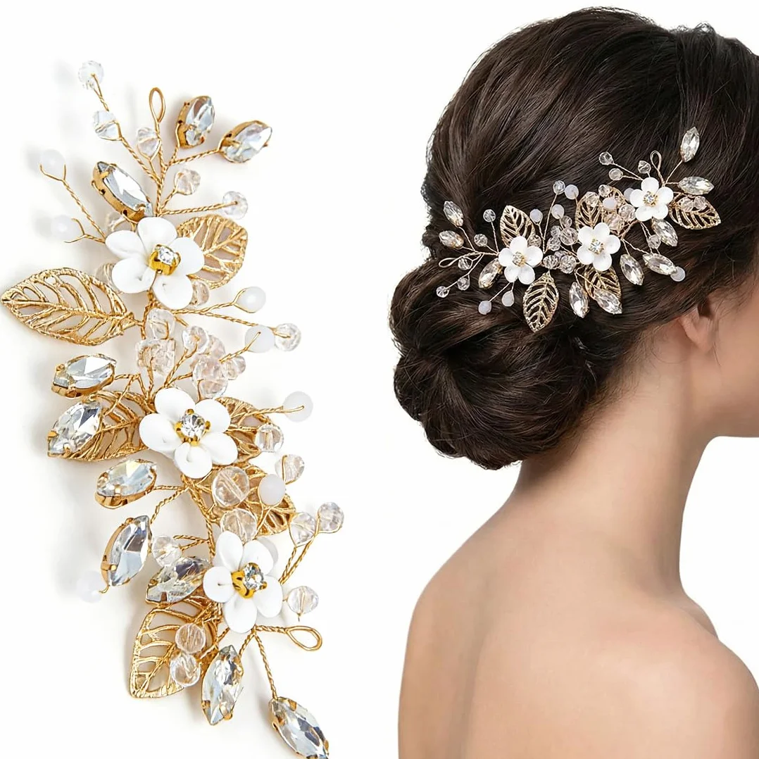 Pettinino per Sposa con Rami Fioriti, Accessori Capelli Eleganti per Cerimonia, Fermacapelli Decorativi per Donne & Ragazze (Oro)