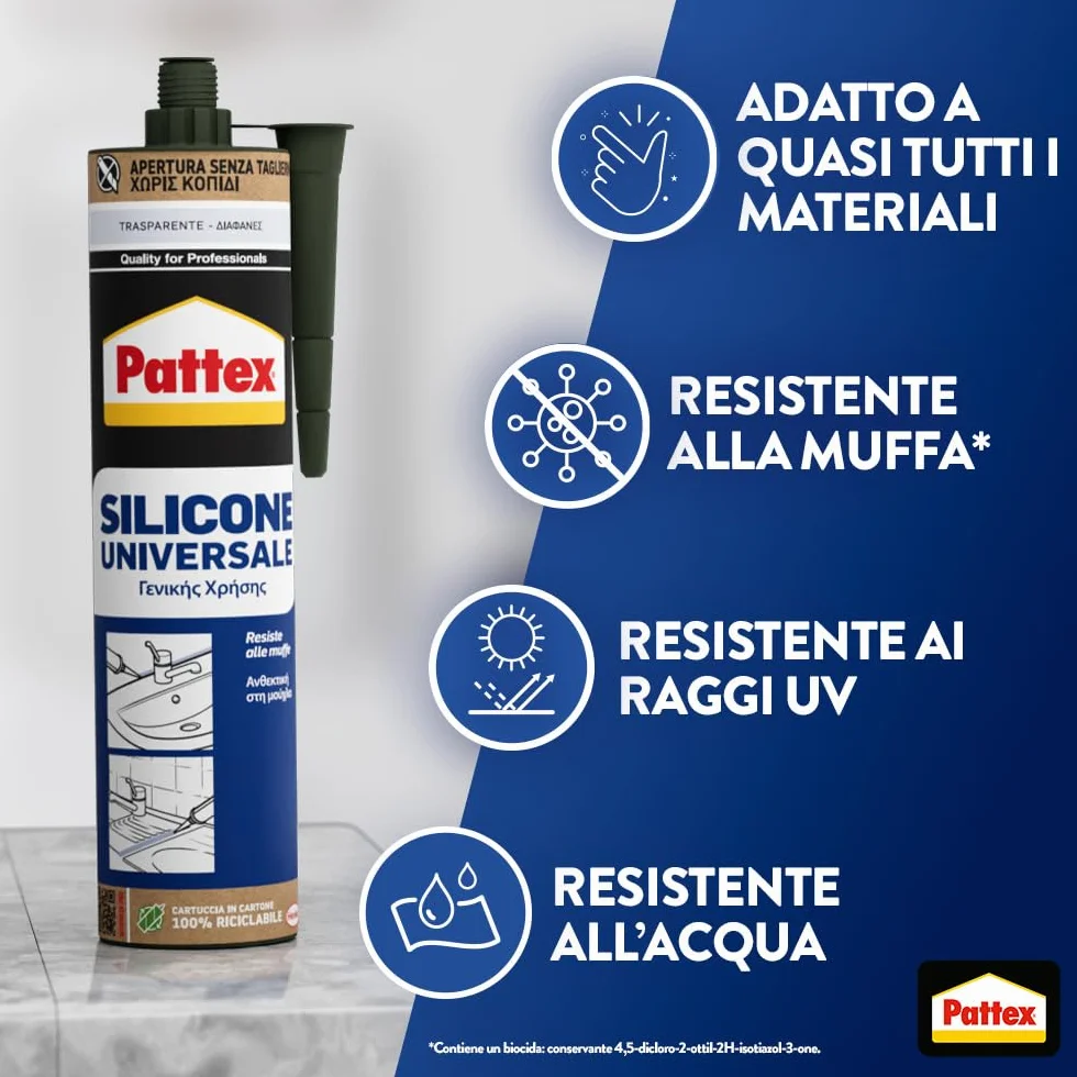 Pattex Silicone Universale Trasparente 280 ml Sigillante resistente alla Muffa