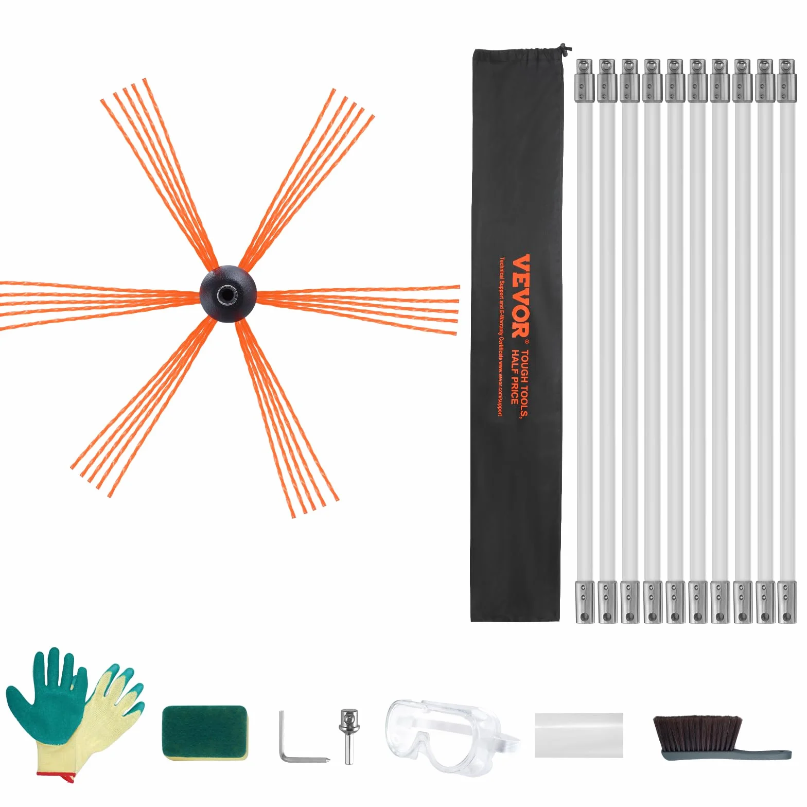 VEVOR Kit Spazzacamino per Stufa a Pellet 10 m, Spazzola per Pulizia Canne Fumarie Girevole 360°, 10 Aste Flessibili in Nylon