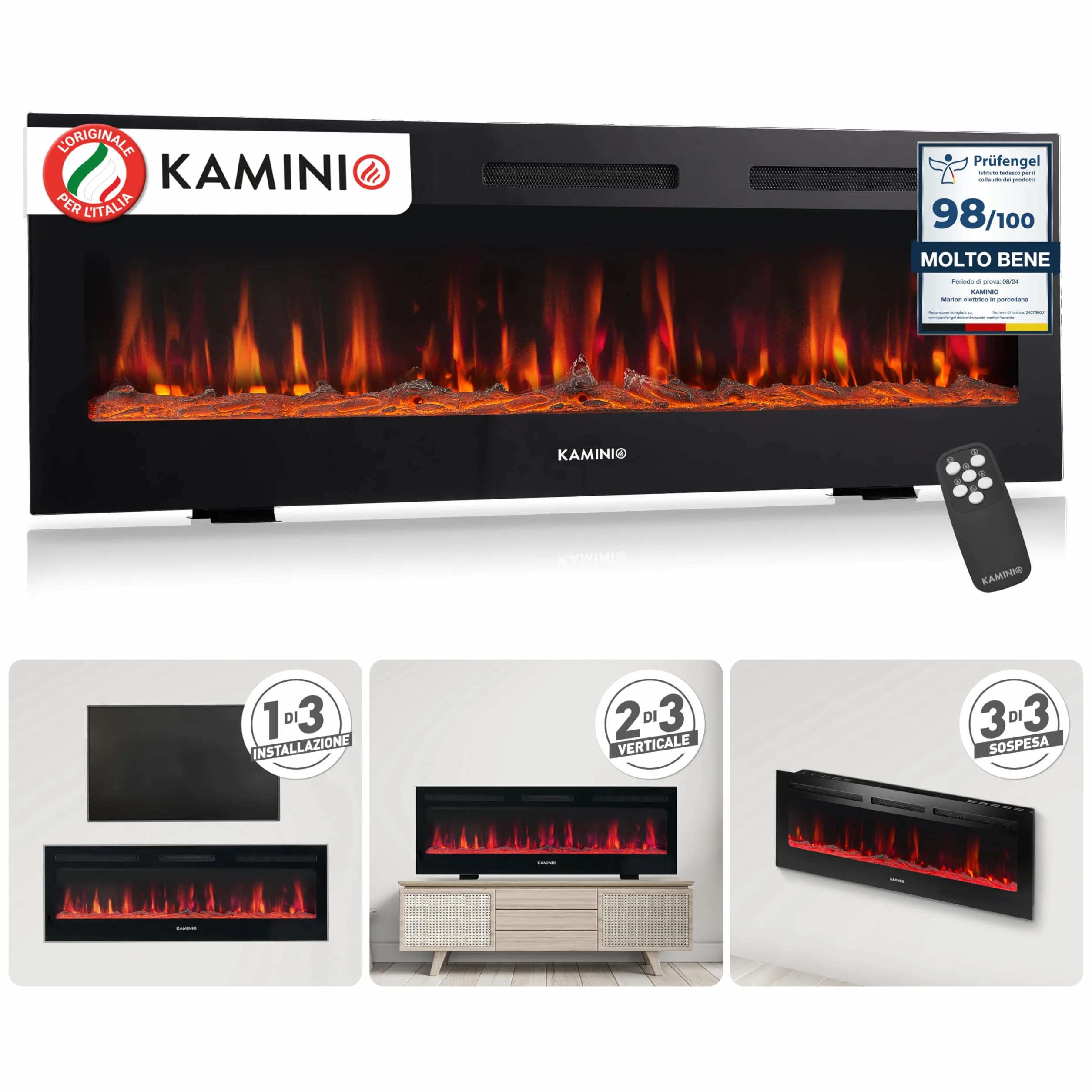 Kaminio Camino elettrico MARLON 3-in-1 con riscaldamento, effetto fiamma 3D, 12 colori, telecomando 60 pollici