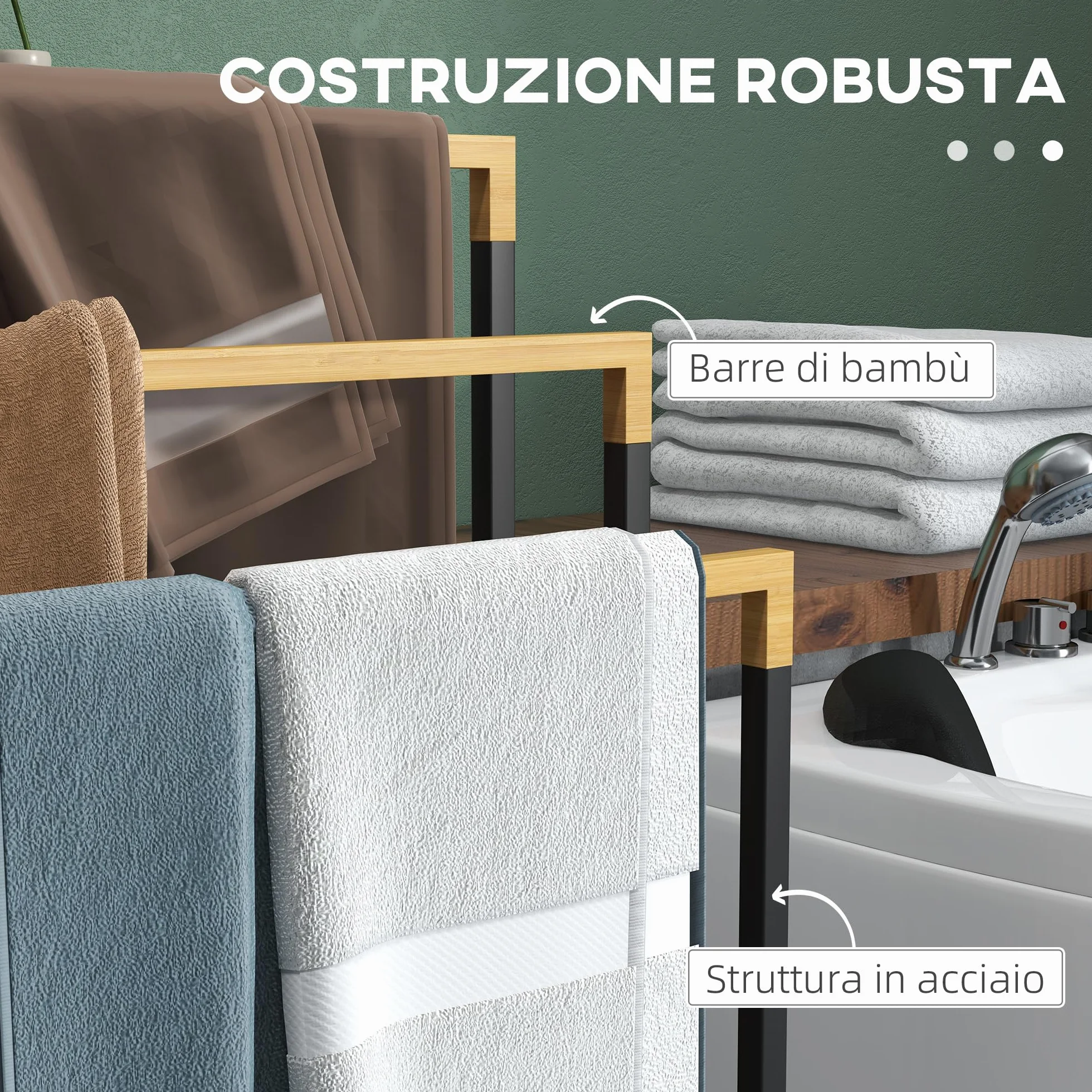 Kleankin Portasciugamani 3 Sbarre Bambù Acciaio Autoportante 45x22.5x86 cm Nero