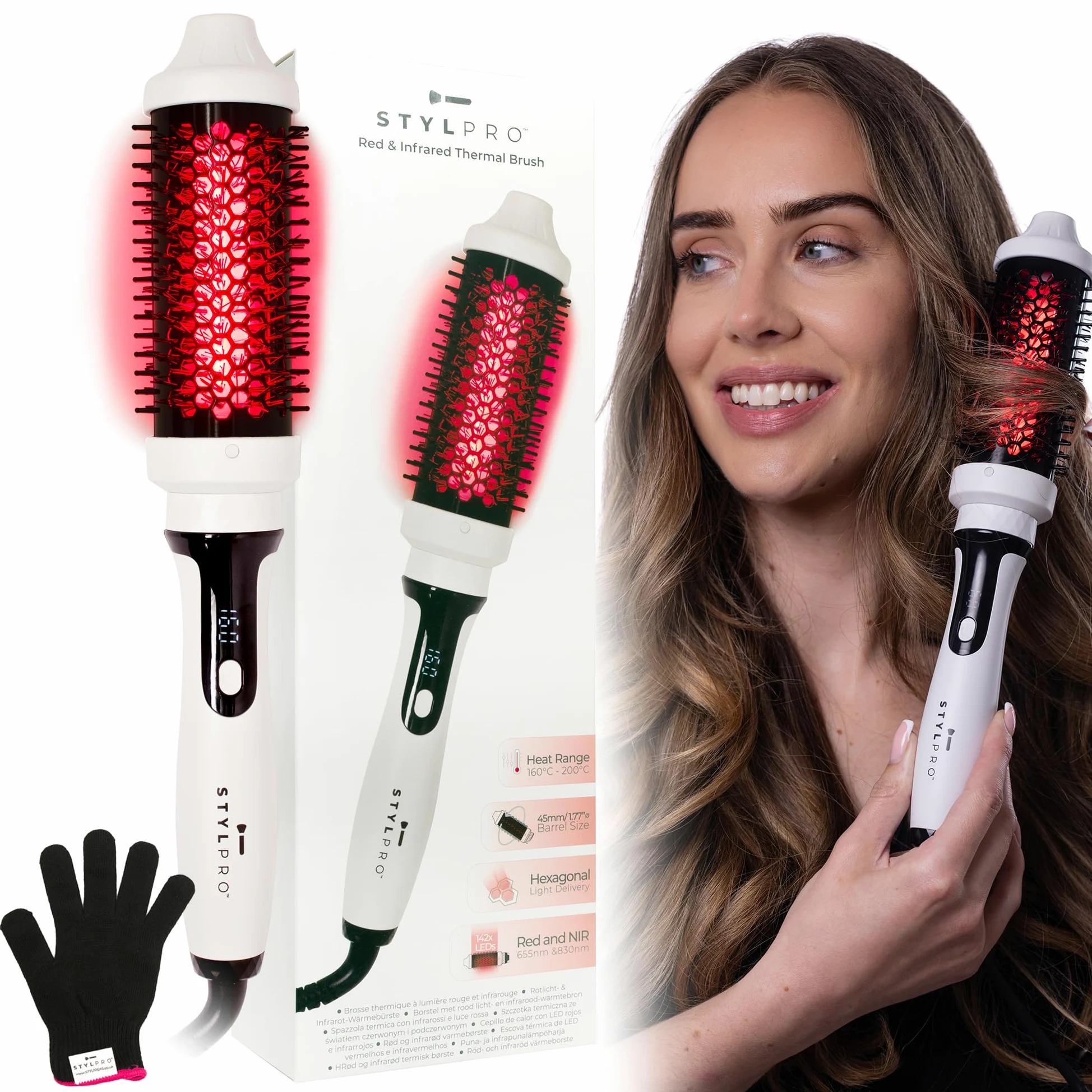 STYLPRO Spazzola termica con LED rossi e vicini all'infrarosso, 58 NIR + 84 LED rossi, barile in ceramica, calore regolabile, arricciatura leggera