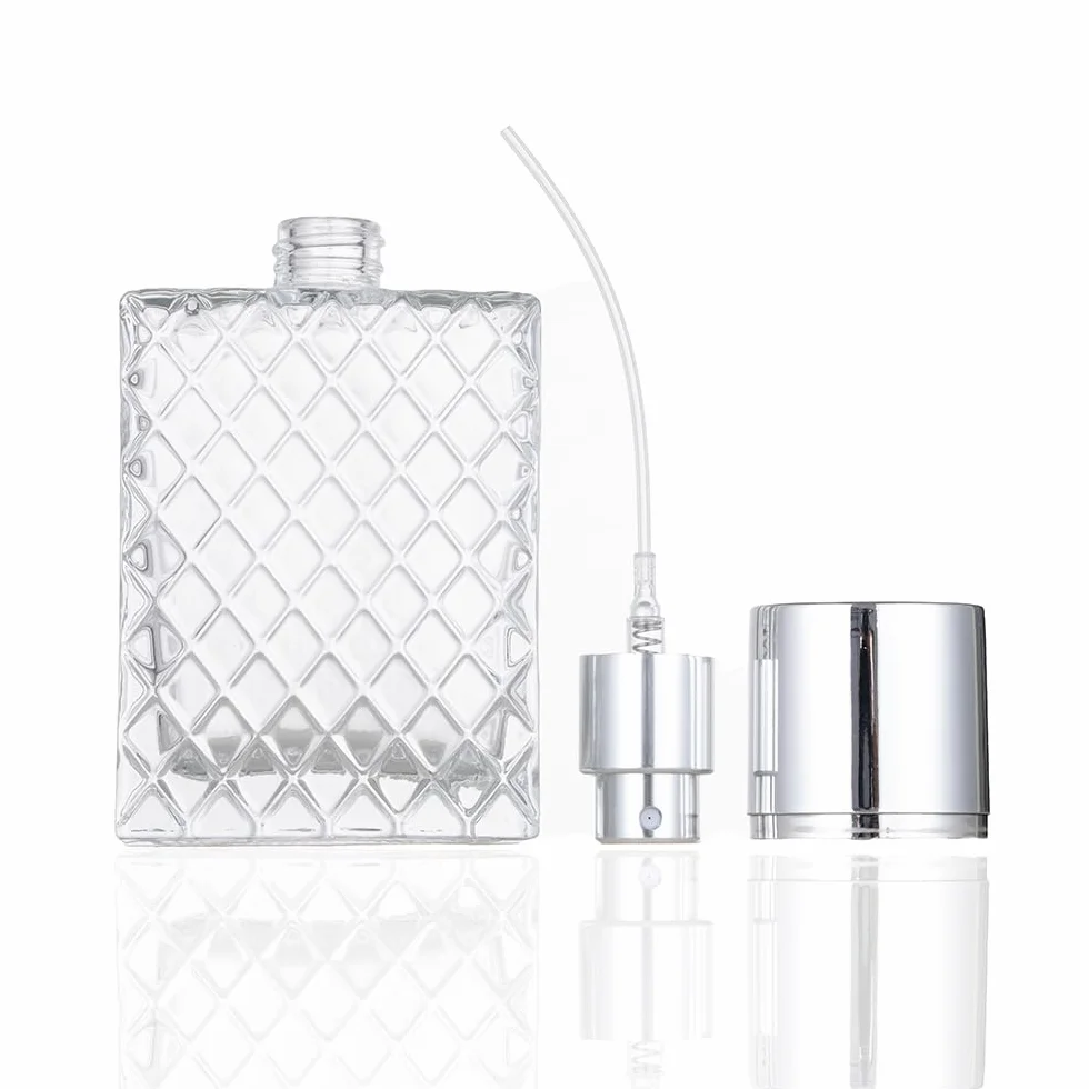 Bottiglia spray per profumo, da 50 ml / 1,7 fl.oz, con nebulizzatore trasparente, ricaricabile, in vetro, flacone vuoto, dispenser quadrato portatile, Argento, 1.7 Ounces