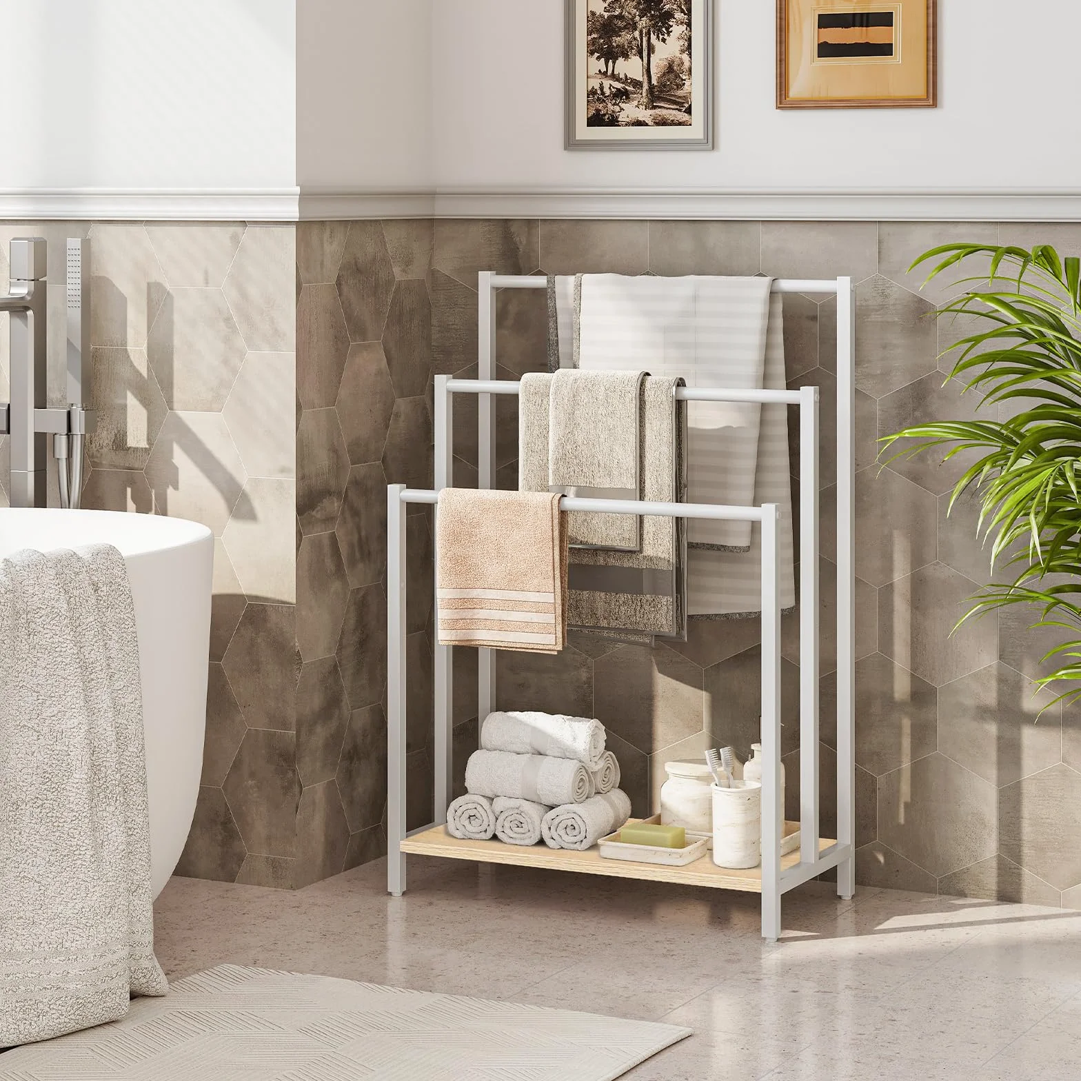 HOOBRO Portasciugamani Autoportante 3 Bracci 43x28x81 cm Bianco Naturale