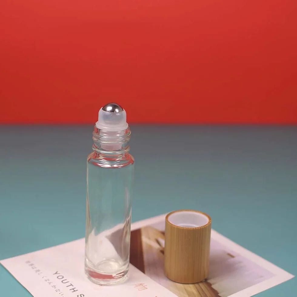 COSIDEA 18 bottiglie a rullo in bambù da 10 ml con tappo in bambù per oli essenziali, vuote, in vetro, per profumo, trasparenti