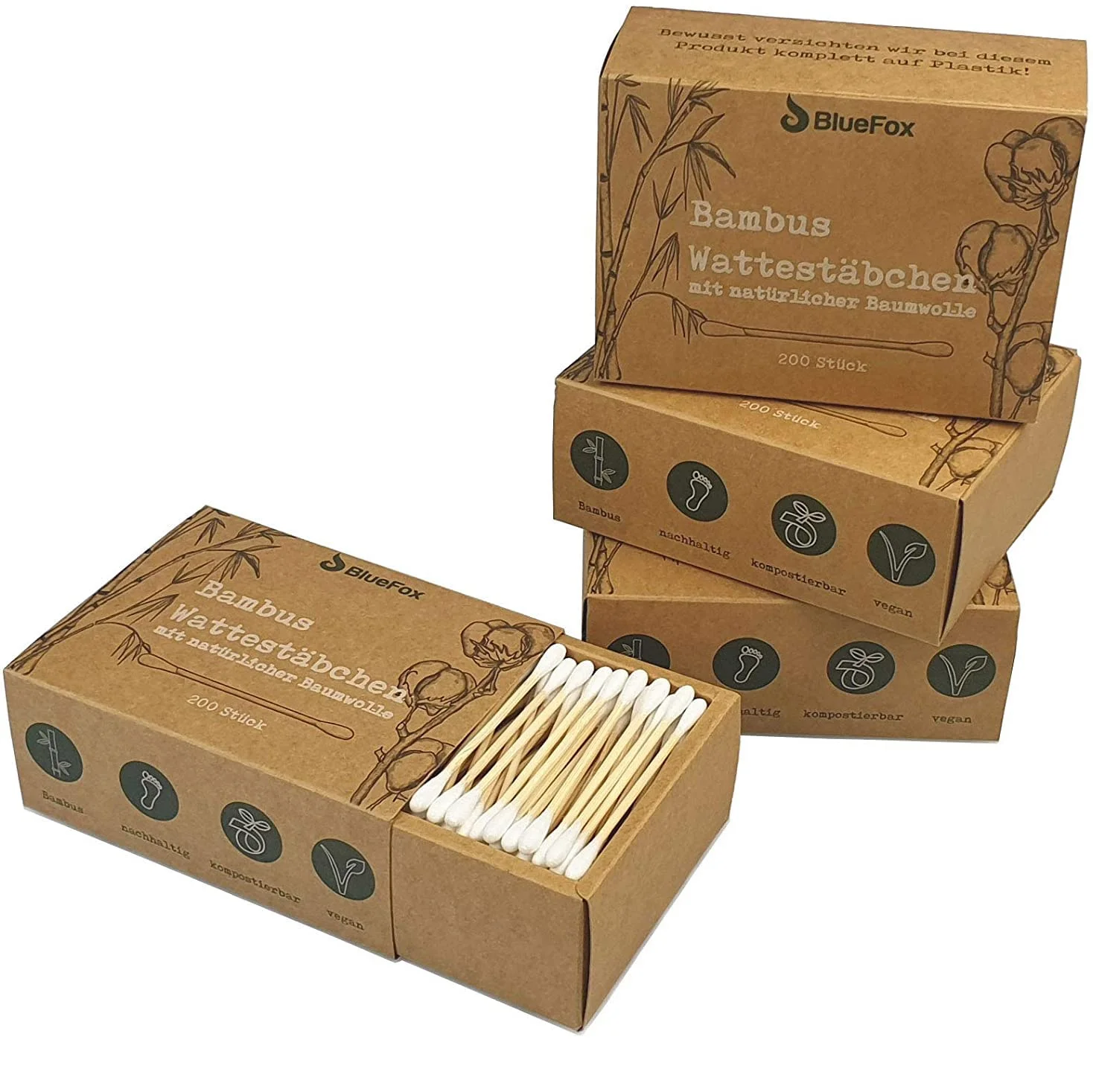 BlueFox Bastoncini di cotone di bambù senza plastica, 800 pezzi, vegani, Q tips sostenibili con cotone, compostabili, biodegradabili, qtips, cotton bud, colore: naturale