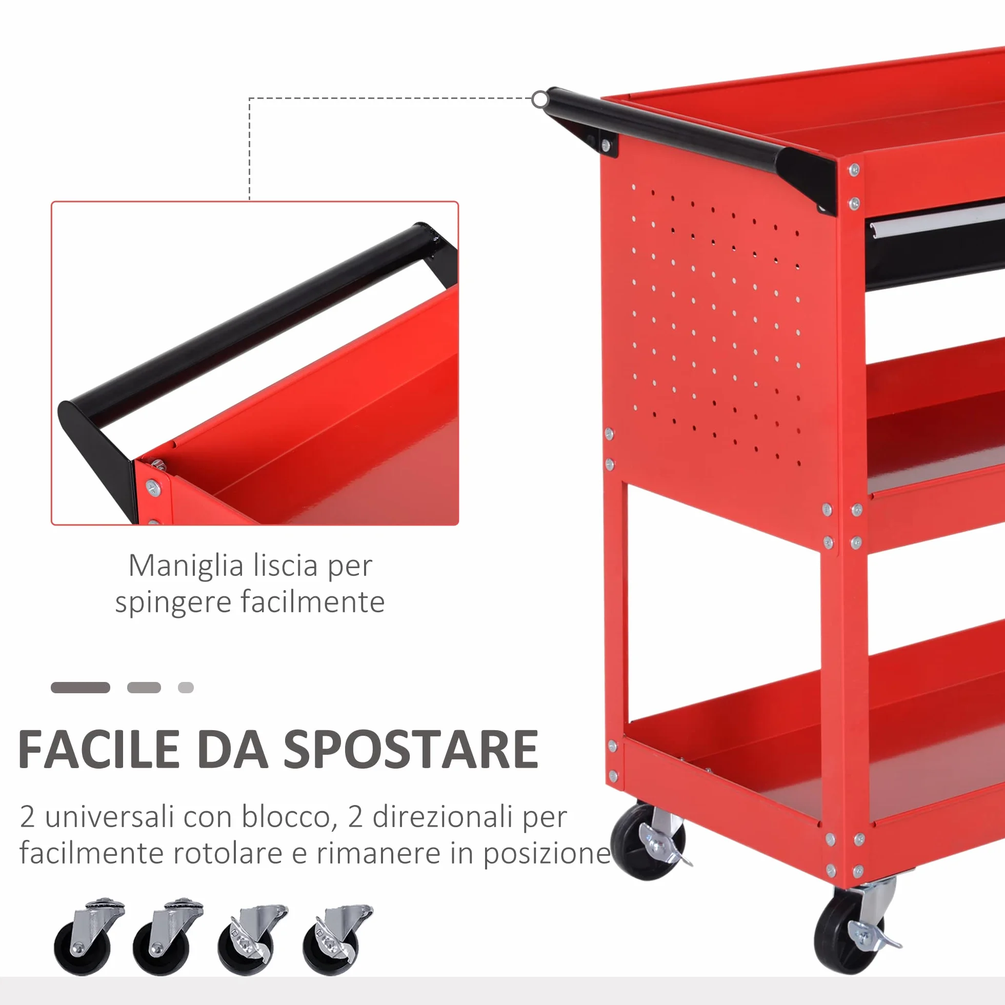 DURHAND Carrello Porta Attrezzi con Cassetto e 3 Ripiani, 4 Ruote, Lamiera di Acciaio, 82x35x76 cm, Rosso