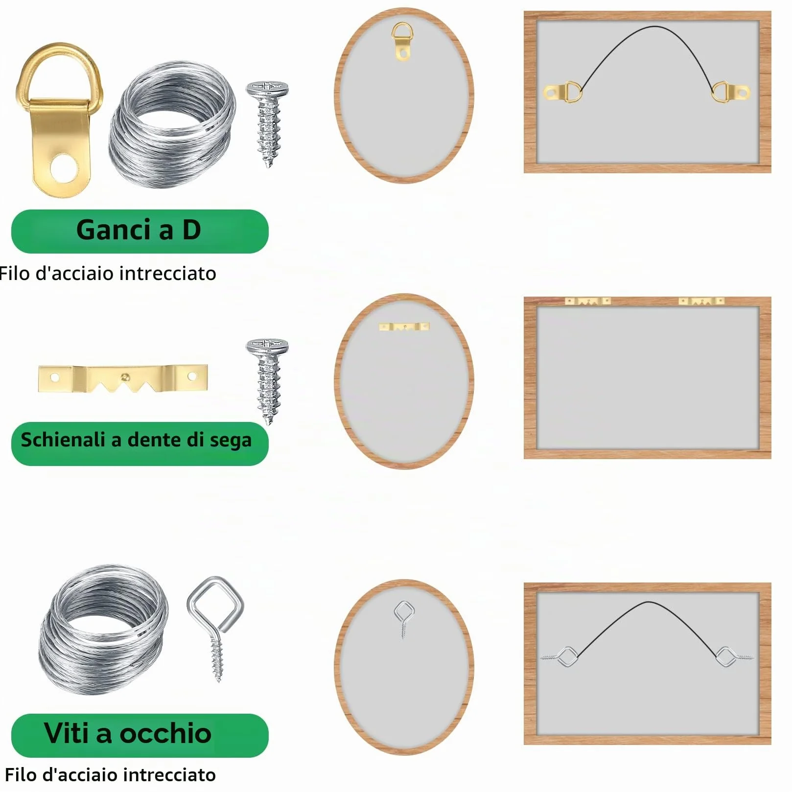 300 Pezzi Ganci per Appendere Quadri in Metallo con Chiodi, Occhi a Vite, Anelli a D, Supporti Appendiabiti Pesanti Kit