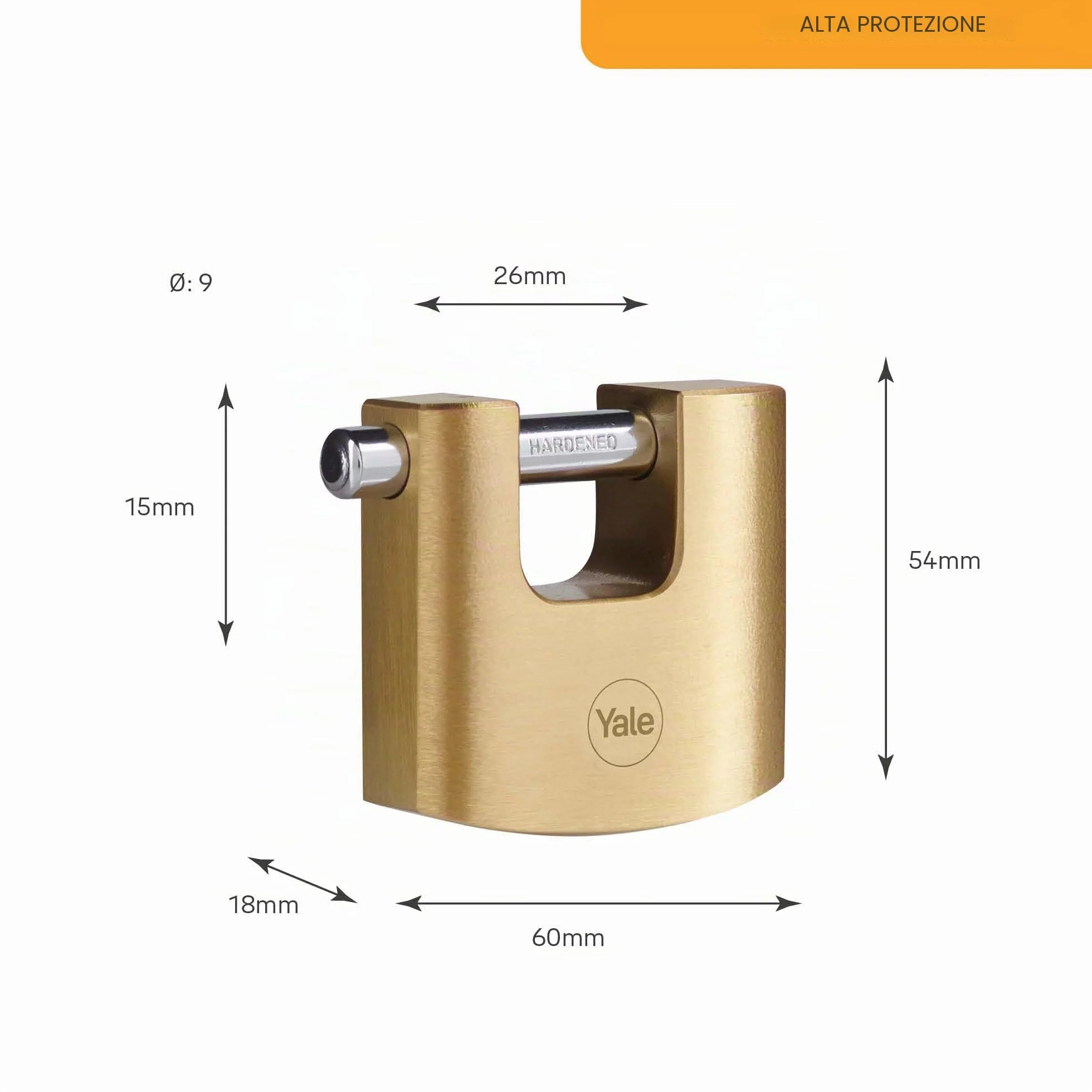 Yale Lucchetto Rettangolare Ottone Alta Sicurezza Y114B/60/114/1 con Arco Acciaio Temprato 3 Chiavi