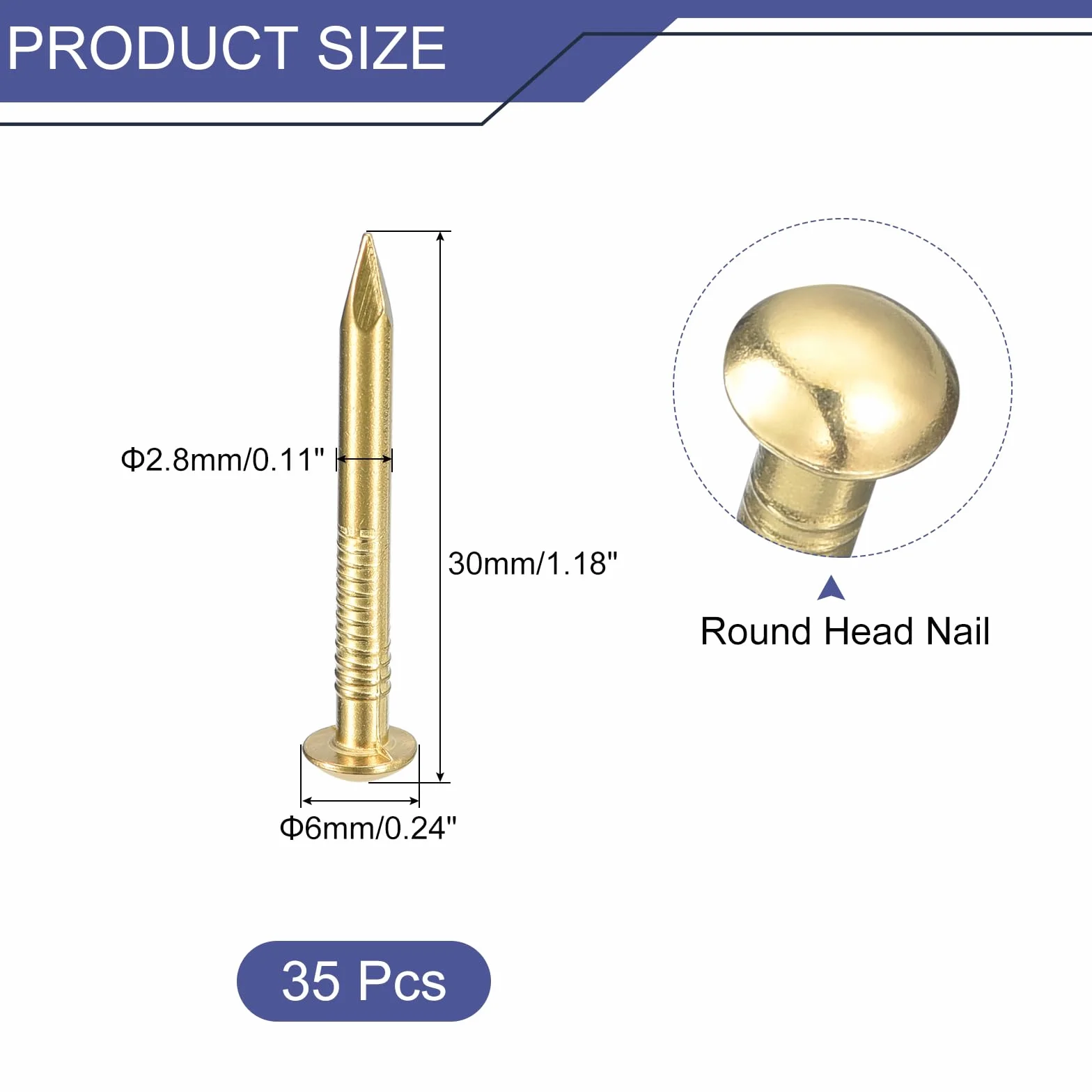 QUARKZMAN 35Pz Chiodi in Ottone 2.8x30mm (DxL) per Quadri, Muro, Testa Rotonda, Hardware Fai da Te