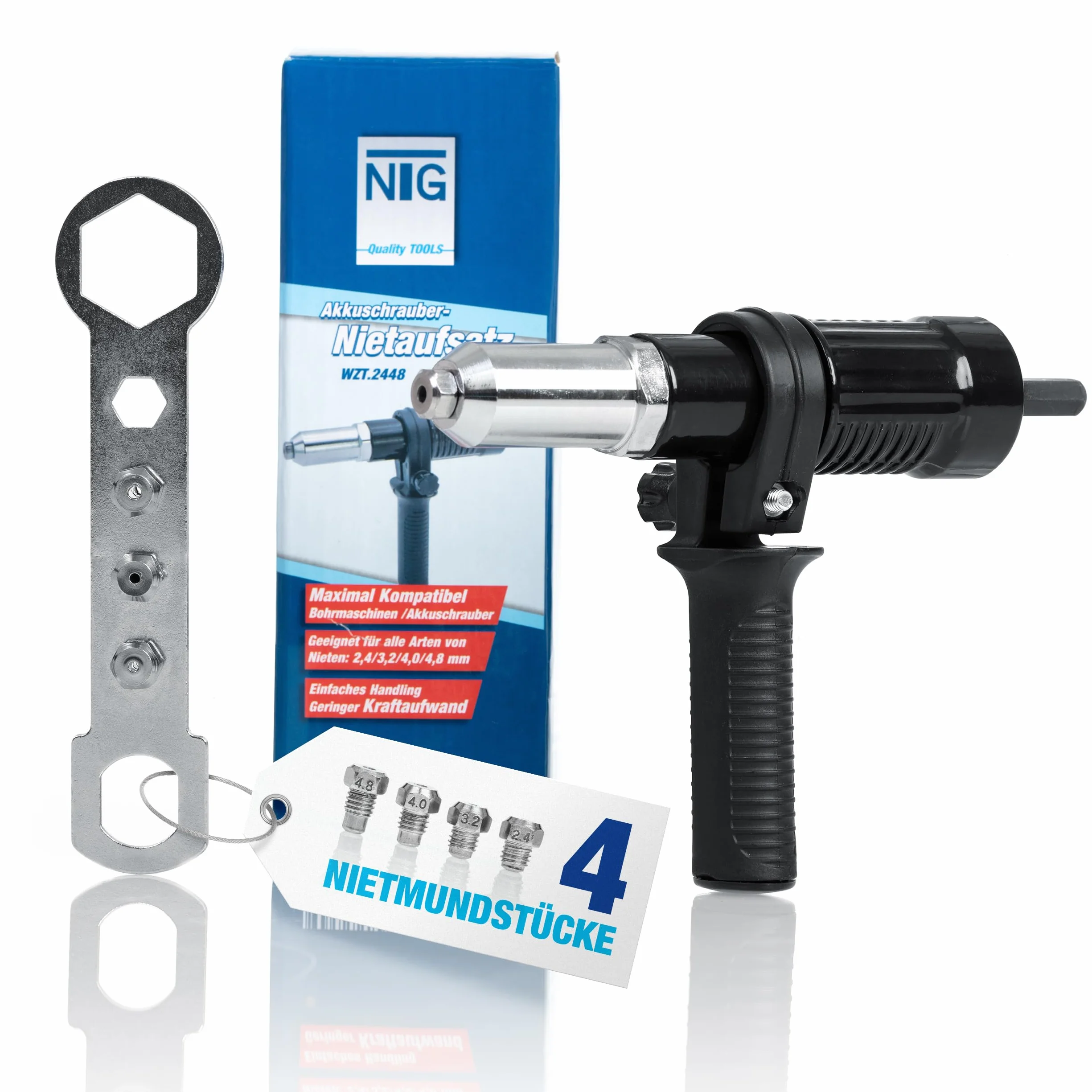 NTG Attacco per Rivetti per Avvitatori a Batteria e Trapani, Adattatore per Rivetti Ciechi, Pinze per Rivetti, per Rivetti da 2,4-4,8 mm