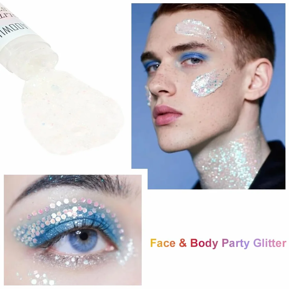 AOOWU Gel Glitter per Viso e Corpo, Body Glitter Gel, Trucco per Carnevale, Chunky Glitter Decorazione per Musica, Festival, in Maschera(Piccole-ZLG03)