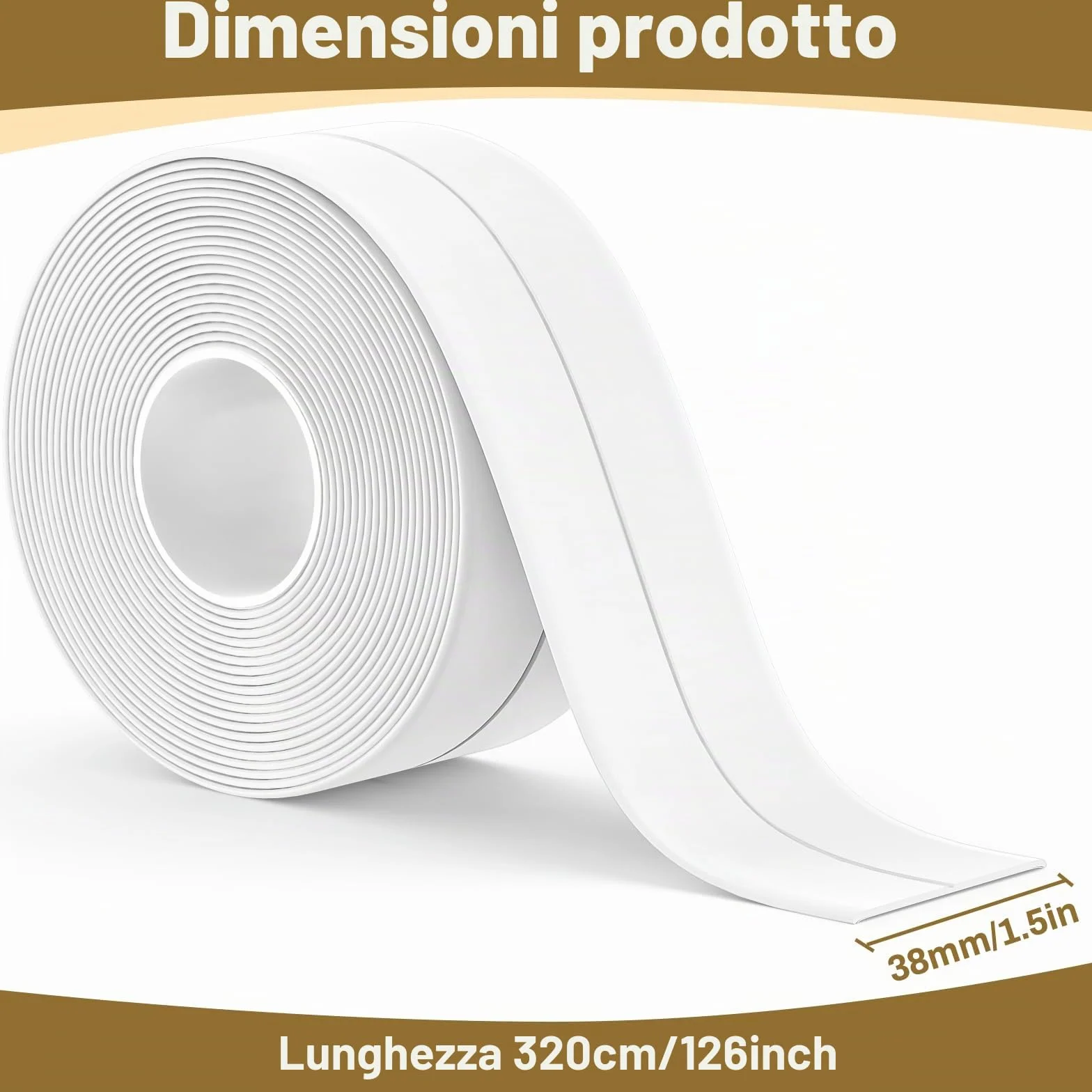 Nastro Sigillante Impermeabile Autoadesivo in PVC per Piatto Doccia Vasca Bagno Cucina Bianco 3,8 cm x 3,2 m