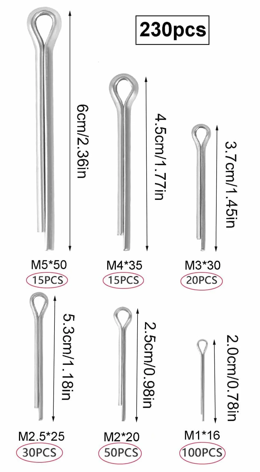 Kit di Assortimento Coppiglie Divise in Ferro Zincato 230 Pezzi 6 Misure