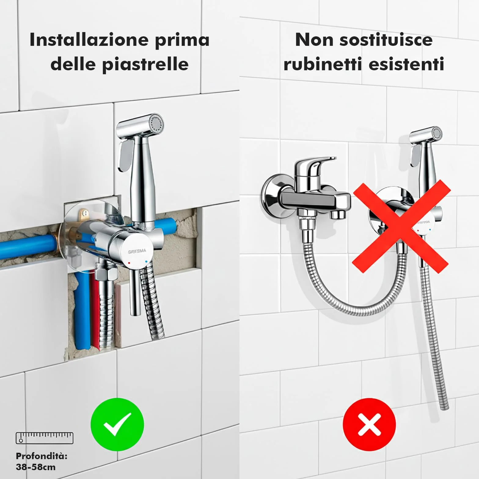 GRIFEMA Miscelatore Bidet Portatile Doccia, Rubinetti con Supporto, Acqua Calda e Fredda, Cromo Argento, G154-1