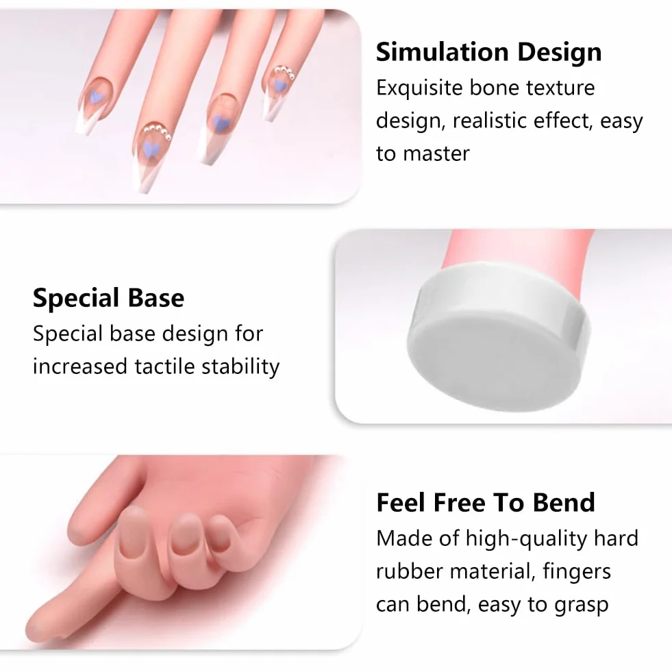 Mano per Pratica,Manicure Practice Hands,Esercitazioni di Nail Art,Mano Finta con Unghie per Praticare la Manicure,Modello Flessibile Movable Morbida per Nail Art Manicure Dito di Formazione,23x8.5c