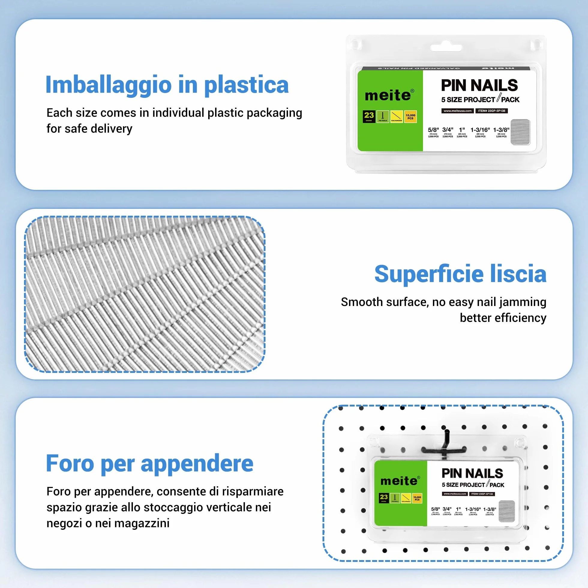 Meite Chiodi a spillo 23 gauge 5 misure assortite 15,9-34,9 mm micro chiodi senza testa per pistola sparachiodi