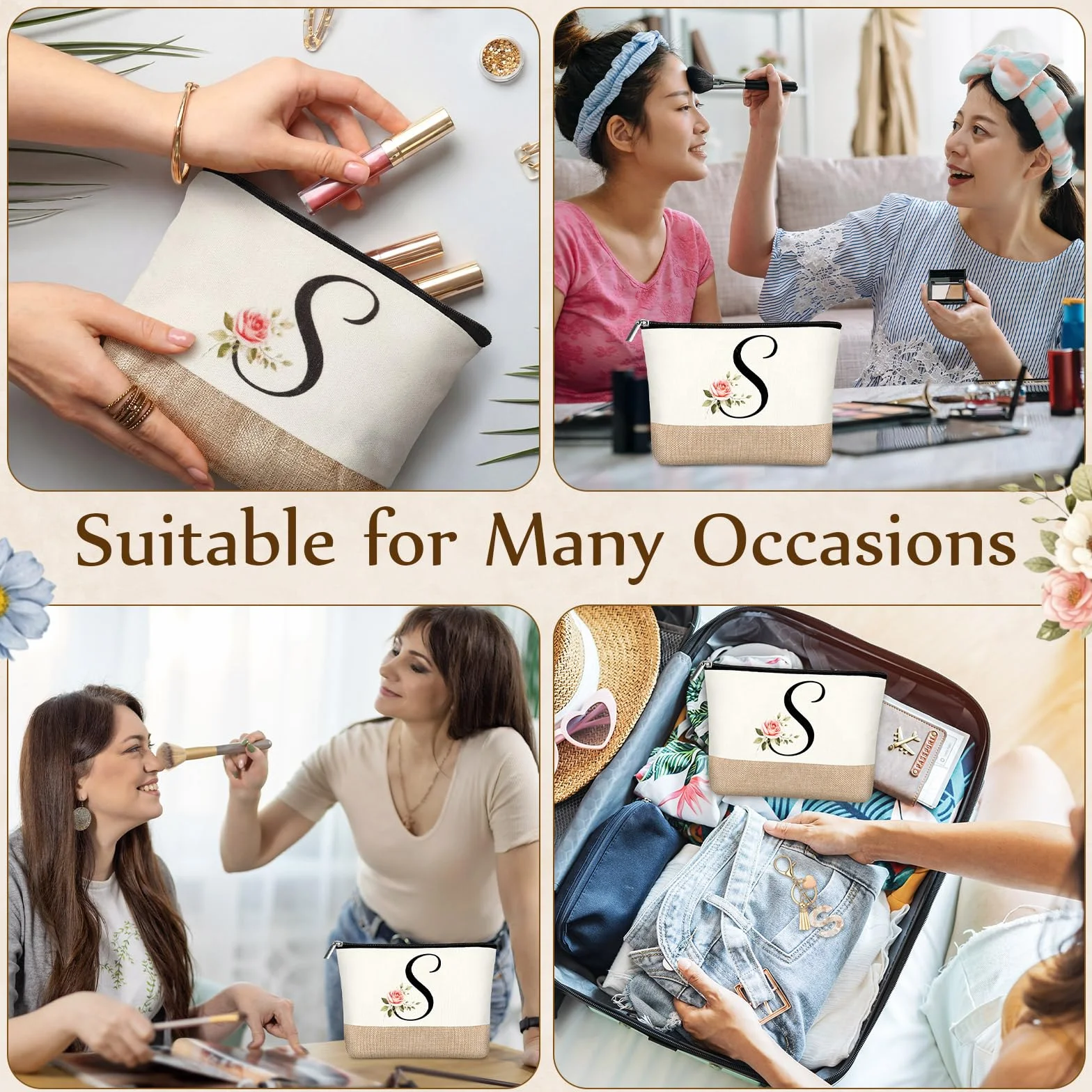 Hestya Trousse per Trucco con Lettera Iniziale Personalizzata Beauty Сase da Viaggio in Iuta con Portachiavi per Donna Matrimonio Compleanno Spiaggia Sorella Mamma Insegnanti Infermiere(S)