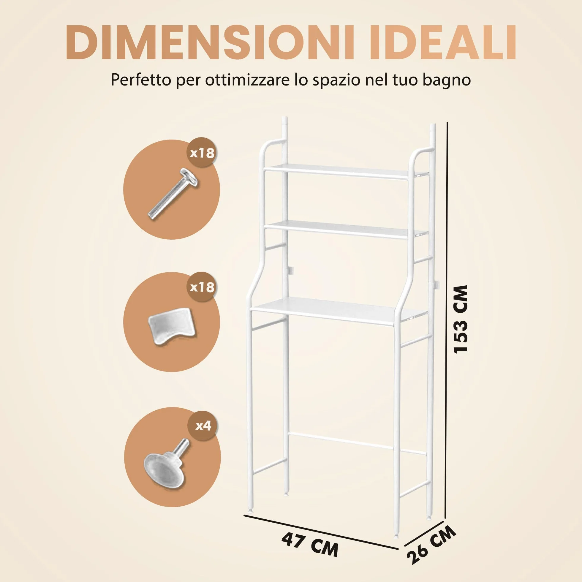 JUPPLIES Mobile Sopra WC Bagno 3 Ripiani Salvaspazio Scaffale Sopra Toilette Metallo 47x26x153cm Piedi Regolabili Anti-Ribaltamento