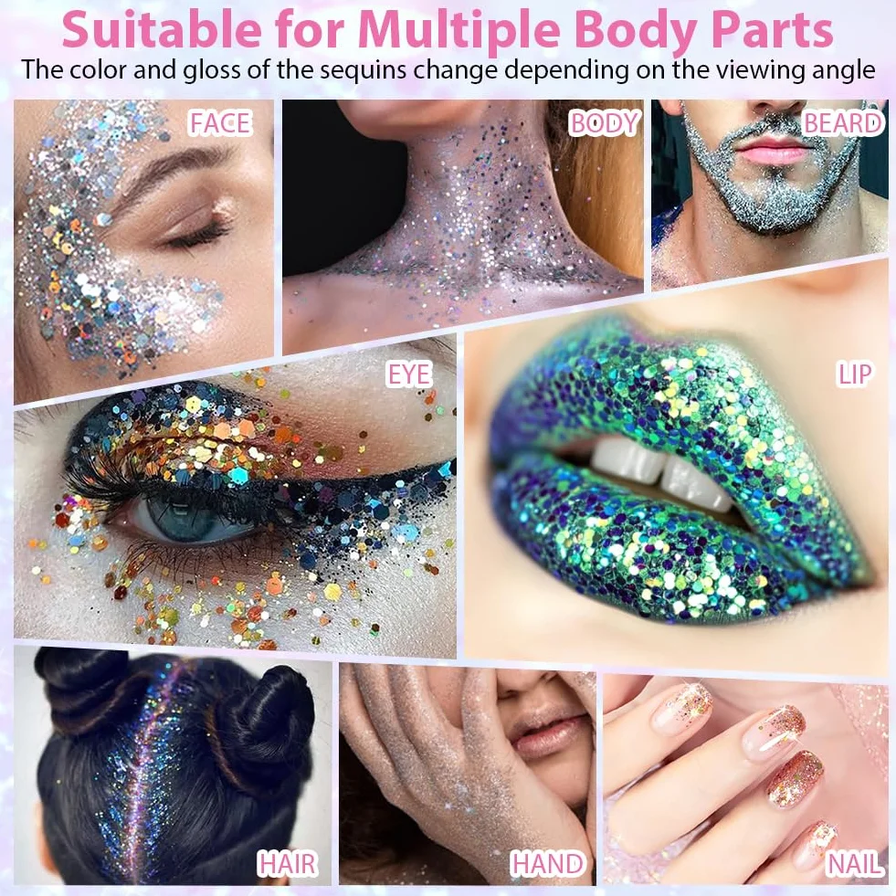 Fluorescente Paillettes, 12 Colori Gel Glitter per Corpo, Fluoreszierendes Glitzer, Brillantini Make Up Gel per Corpo, Labbra, Trucco, Mascherata, Halloween, Natale, Musicali Feste