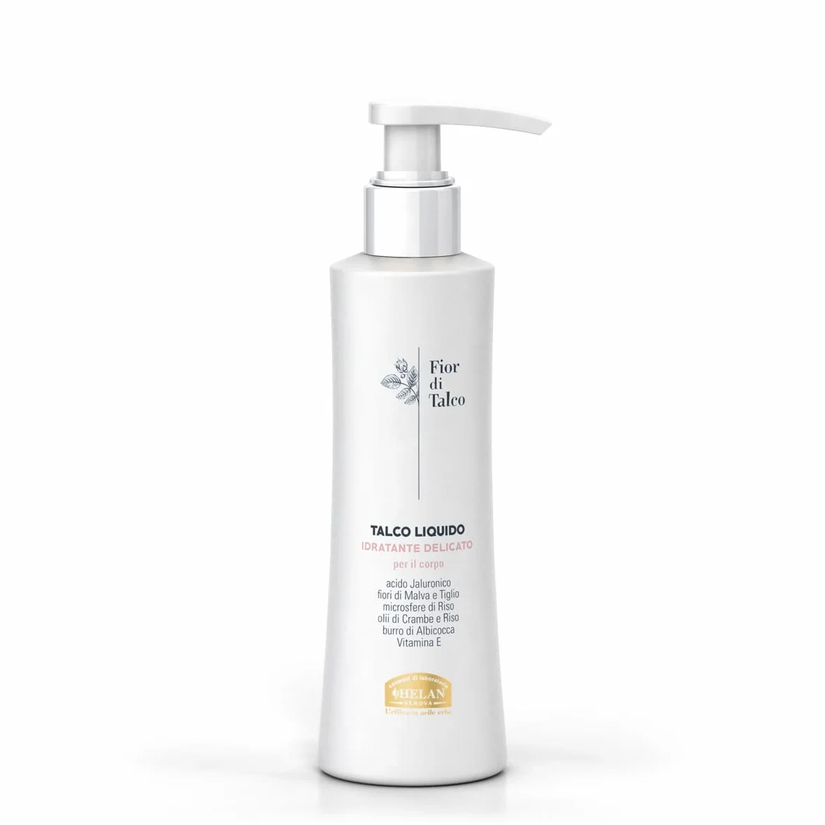Helan, Fior di Talco, Talco Liquido, Crema Idratante Corpo per Pelle Morbida e Nutriente - Leggera, Fresca, Antiossidante, Non Unge - Arricchita con Acido Ialuronico, Olii e Vitamina E - 200 ml