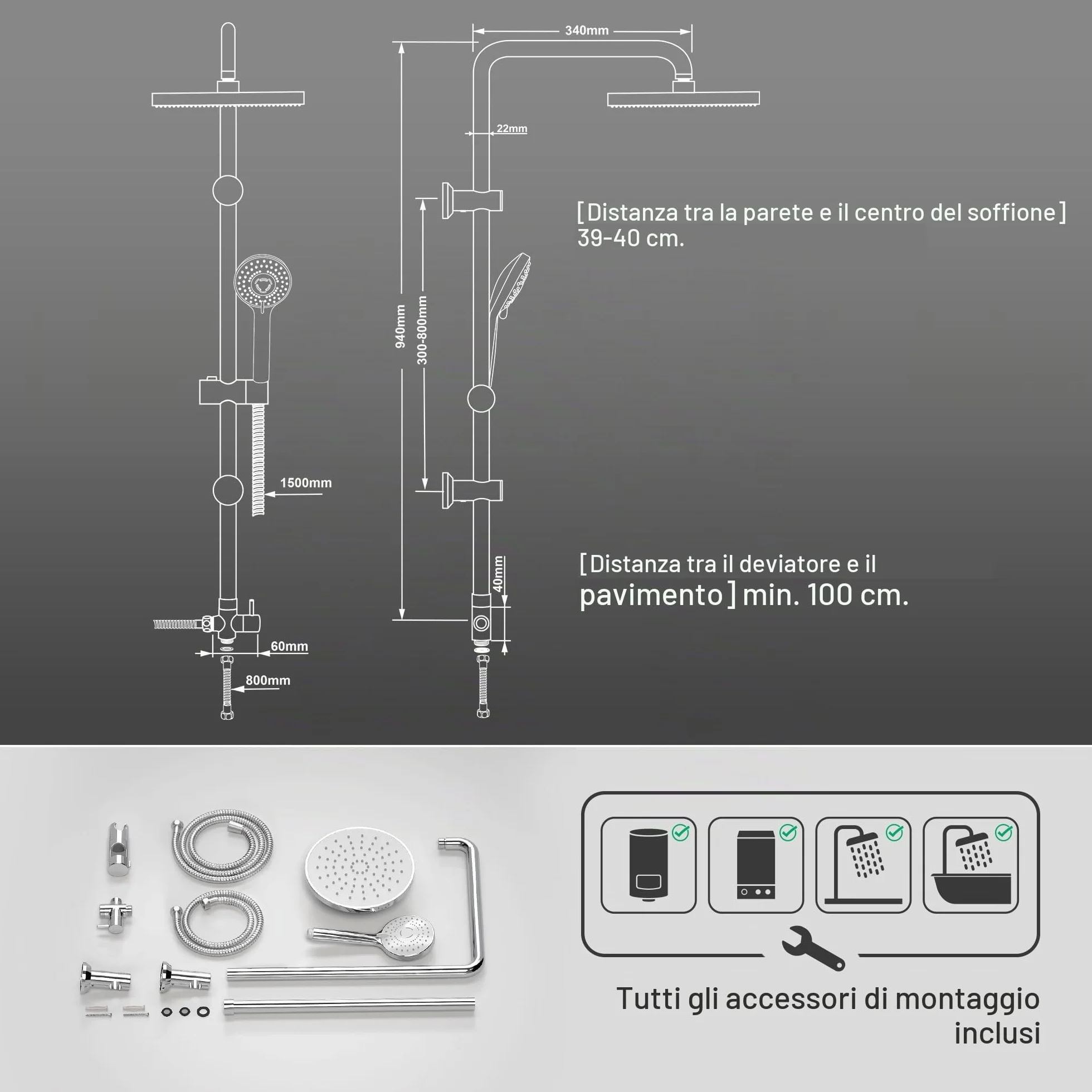 JOHO Colonna Doccia Acciaio Inox con Soffione e Doccetta, D20cm Tondo Cromo