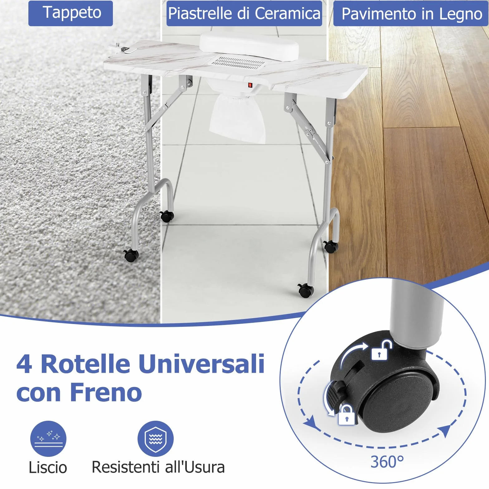 COSTWAY Tavolo per Manicure Pieghevole con Aspiratore Elettrico, Tavolo per Unghie Portatile con Luce LED, Cuscino Poggia Polso Clienti, Borsa e 4 Ruote Bloccabili (Bianco)