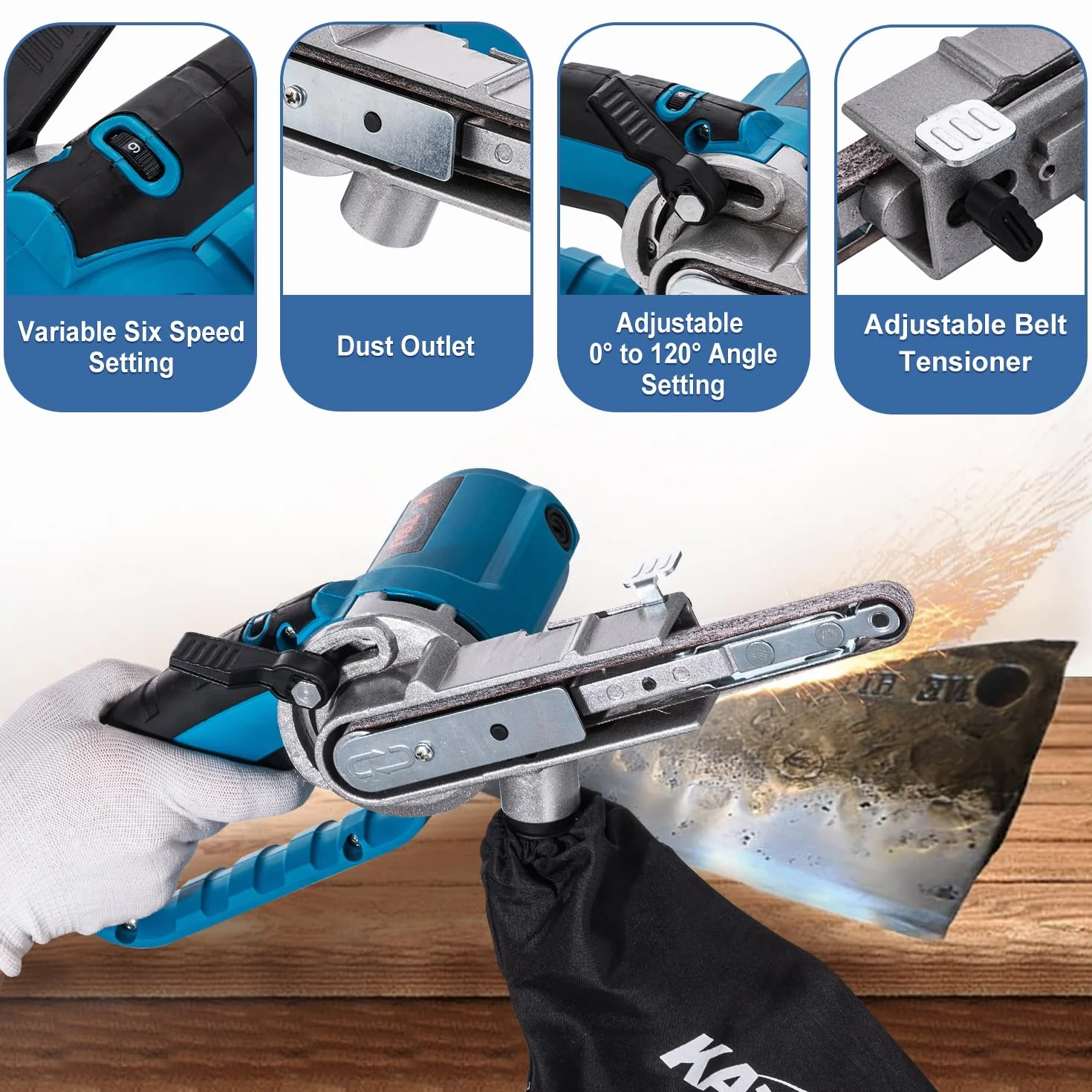 KATSU Tools Levigatrice a nastro elettrica 400 W, levigatura e lucidatura, include nastri abrasivi e sacchetto polvere
