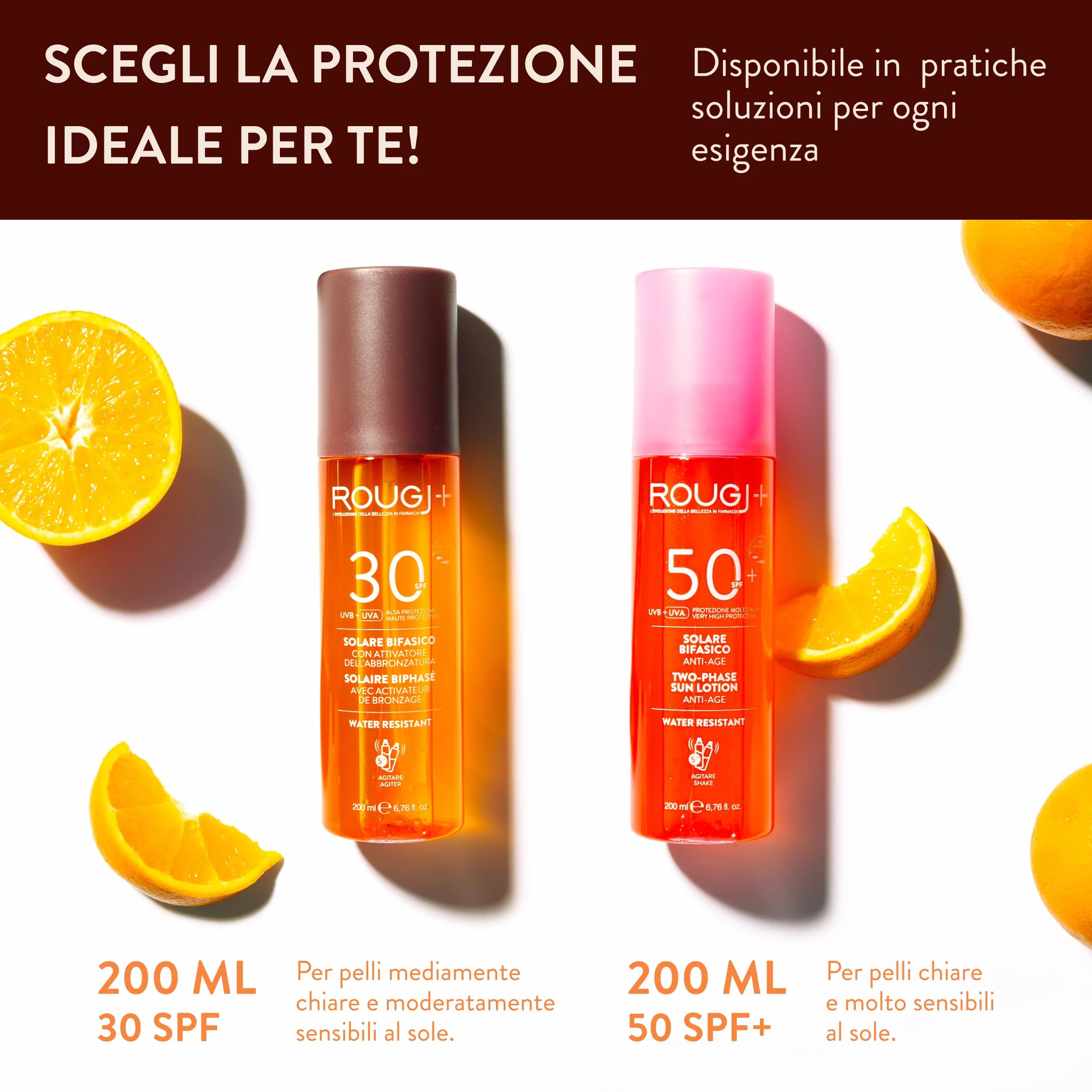 Rougj Spray Solare Bifasico 30 con Attivatore di Melanina - Protezione Solare 30 Spray Corpo con Arginina, Fico d’India e Thermus Ferment - SPF 30 Water Resistant 200ml - Made in Italy