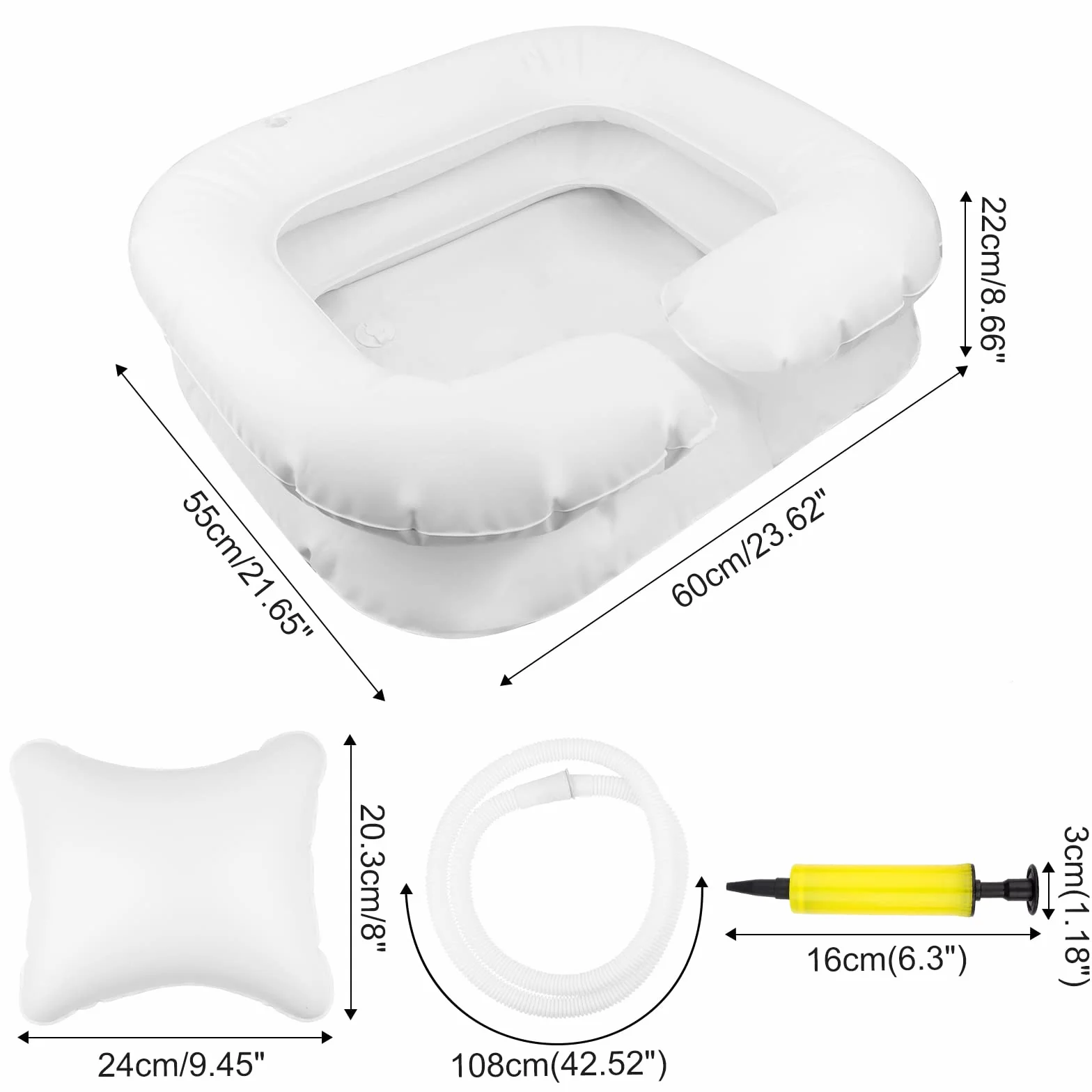 Lavatesta Gonfiabile Portatile per Parrucchieri, Lavandino Mobile con Cuscino Piccolo, Drain Tubo, Bacinella Bacino per Lavaggio Capelli, 60x55x22cm Bianco