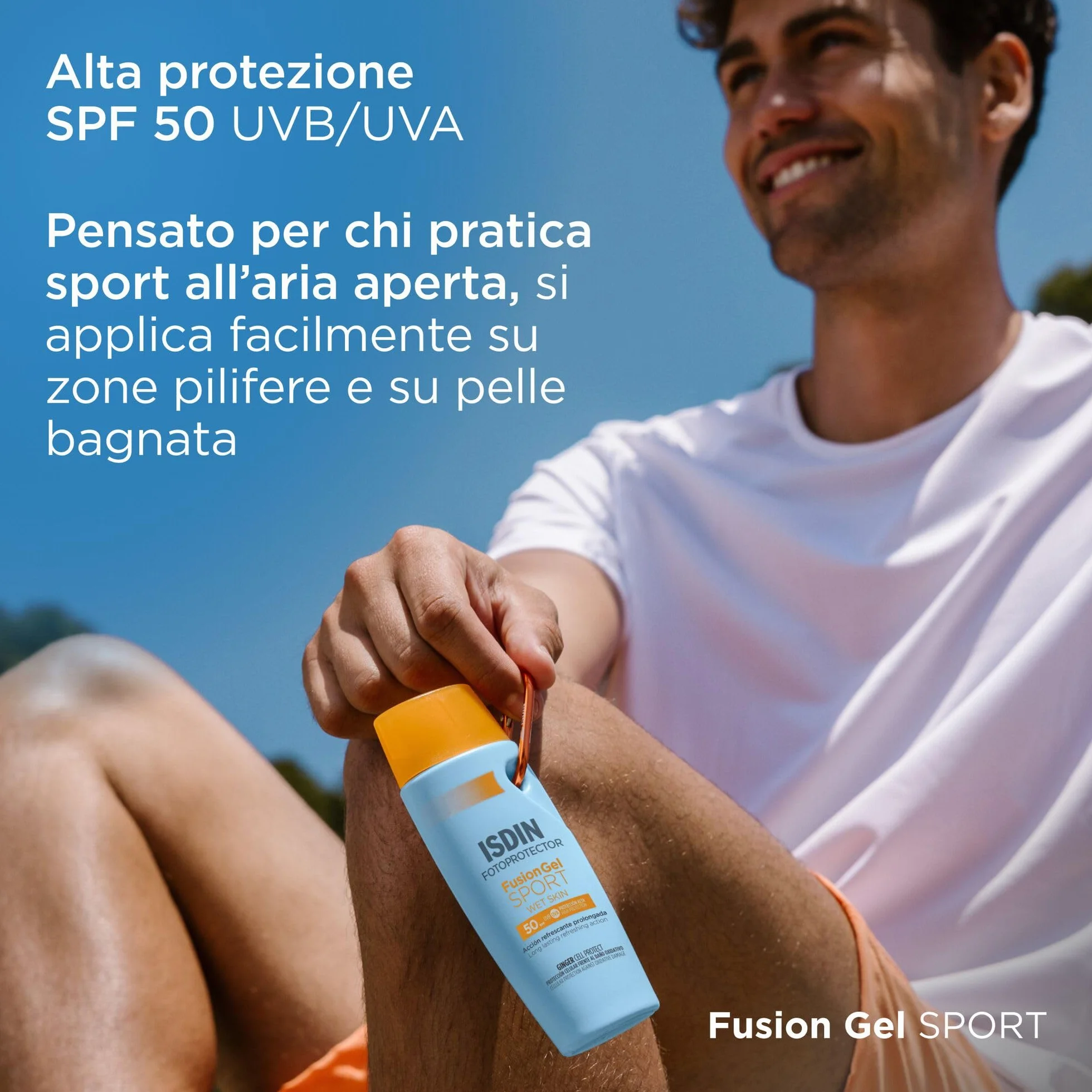 ISDIN Fusion Gel Sport Wet Skin SPF 50 (100 ml) | Crema Solare per il Corpo Ideale per gli Sportivi | Resistente al Sudore | Rinfrescante e Ultraleggero