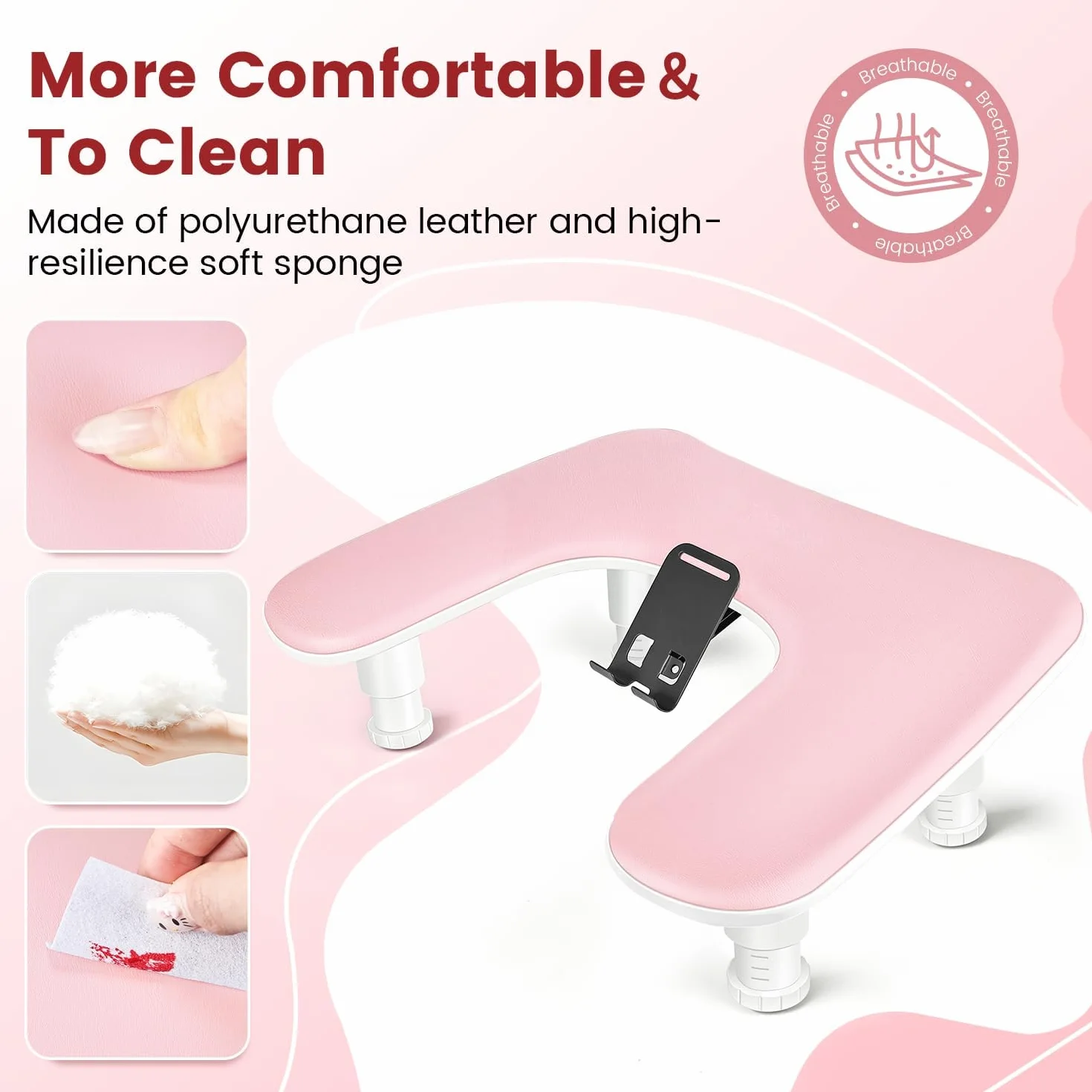 JODSONE Bracciolo rosa a forma di U per chiodo tecnico, con supporto per cellulare girevole a 360° integrato e bracciolo regolabile per manicure in salone