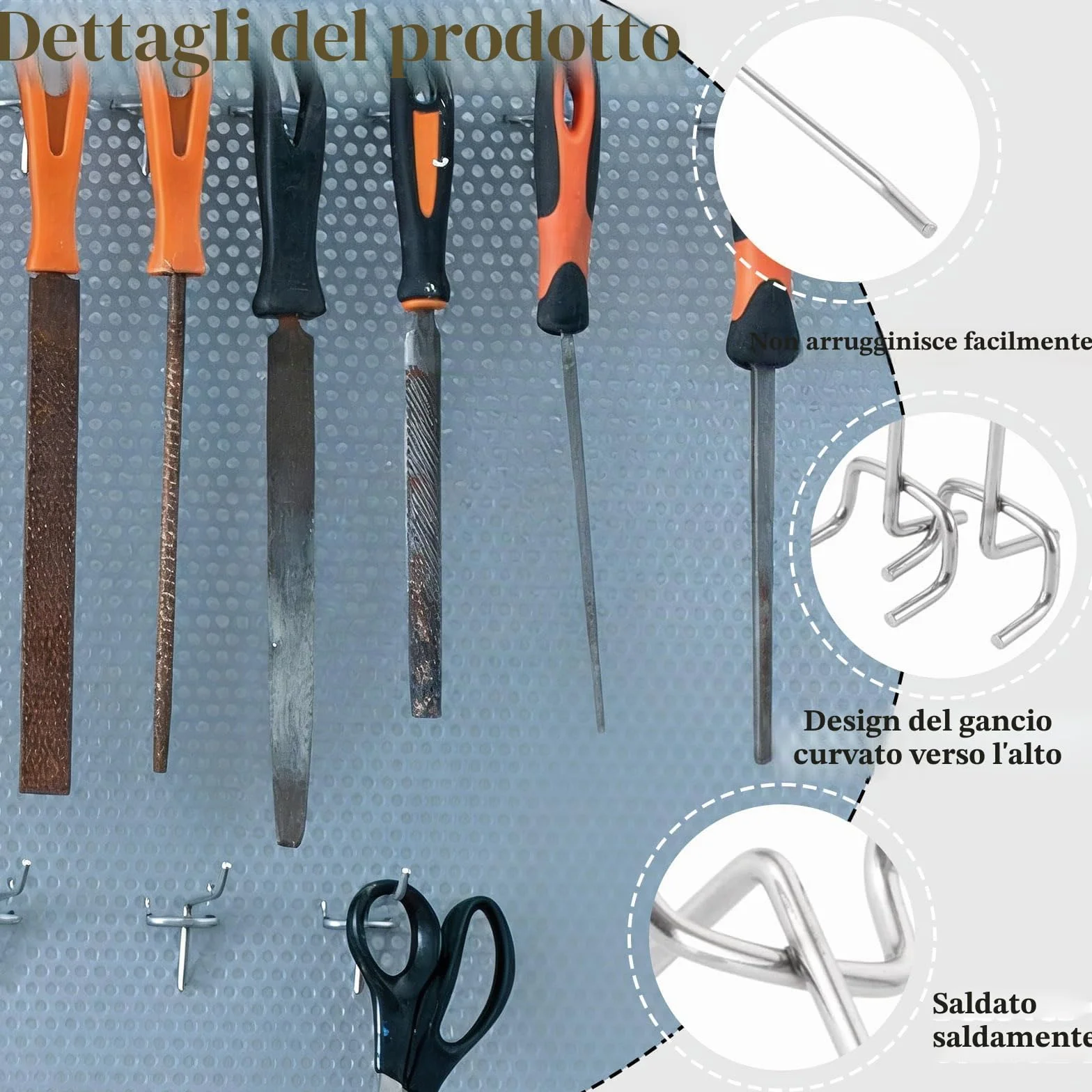 Ganci Pegboard Metallici 60 Pezzi, Supporto Utensili 3cm, Diametro 3mm per Scaffali e Officine