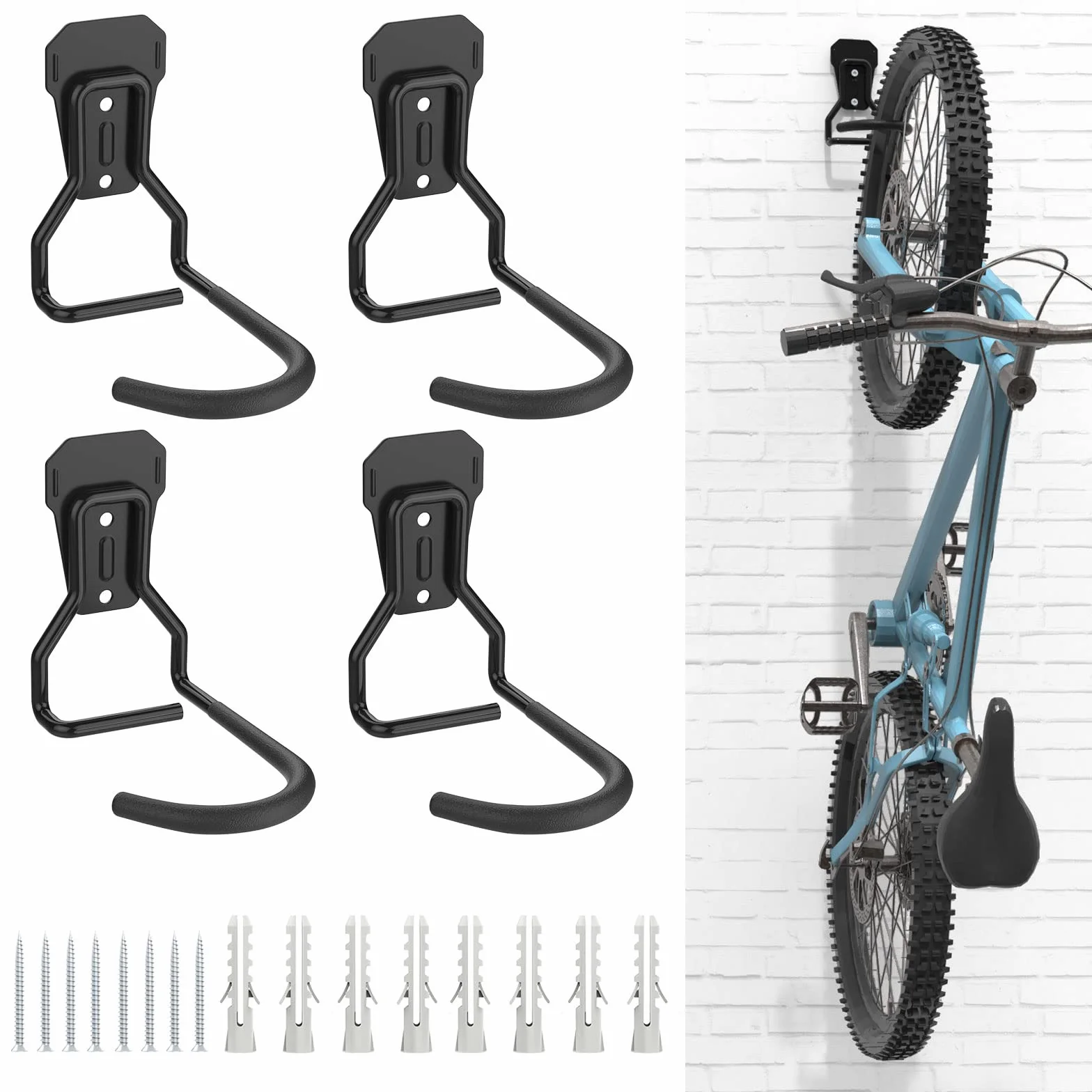 Housolution Appendi Bici da Muro, 4 Supporti Bici da Parete in Ferro Battuto con Imbottiture in EVA, Ganci Pieghevoli, Nero