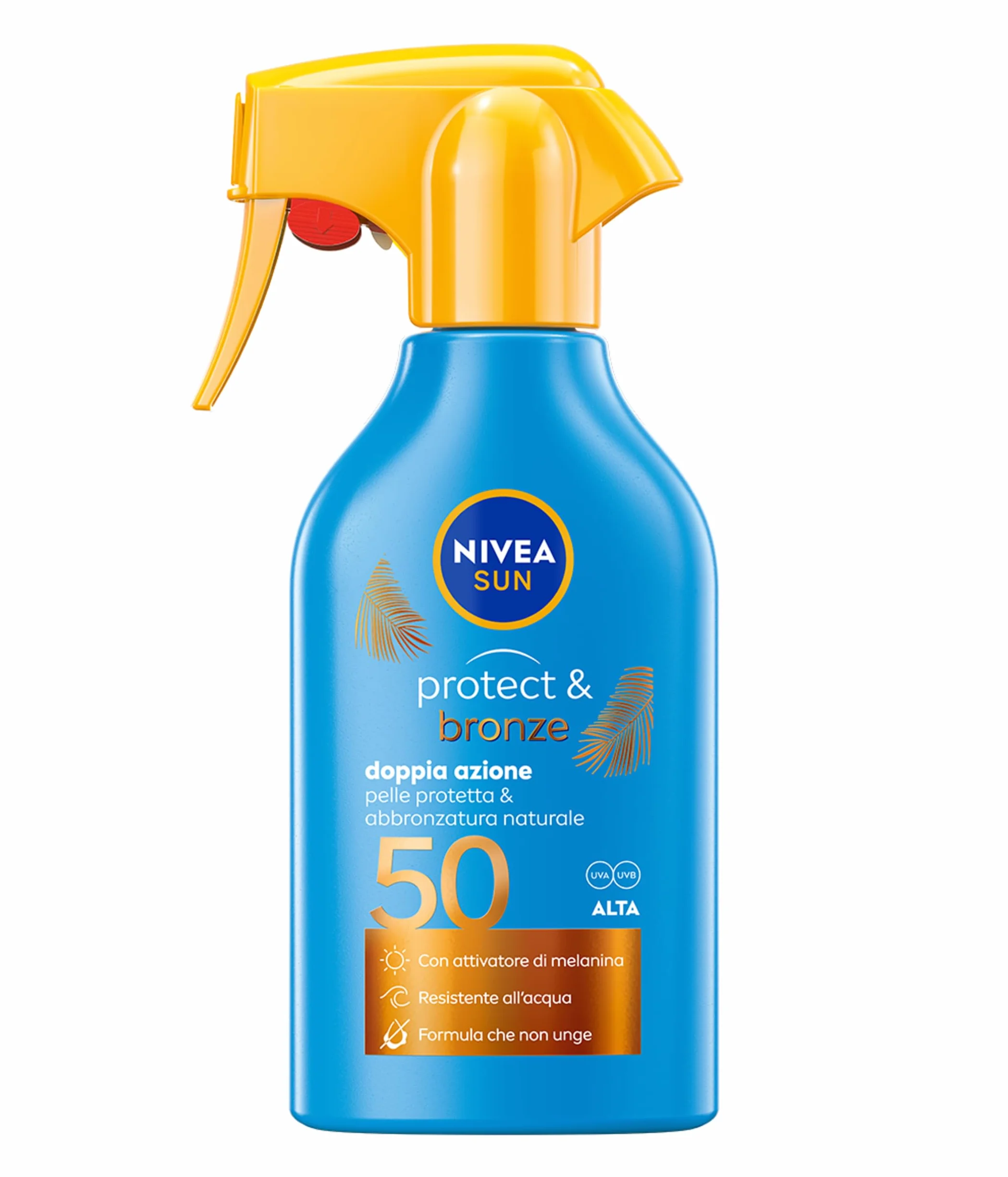 NIVEA SUN Spray Protect & Bronze SPF 50 250 ml, Crema solare 50 spray abbronzante corpo, Protezione solare 50 con attivatore di Melanina acceleratore abbronzatura, Resistente all'acqua, Non unge