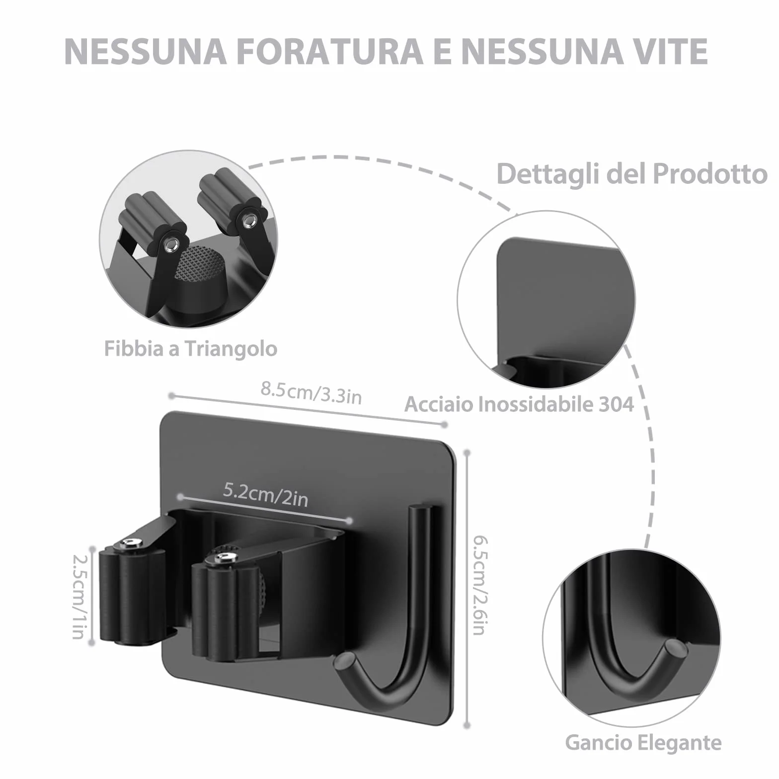 HOMEASY Portascope da Muro Adesivo Appendibile 4 Pezzi, Acciaio Inossidabile per Cucina Bagno Giardino, Nero