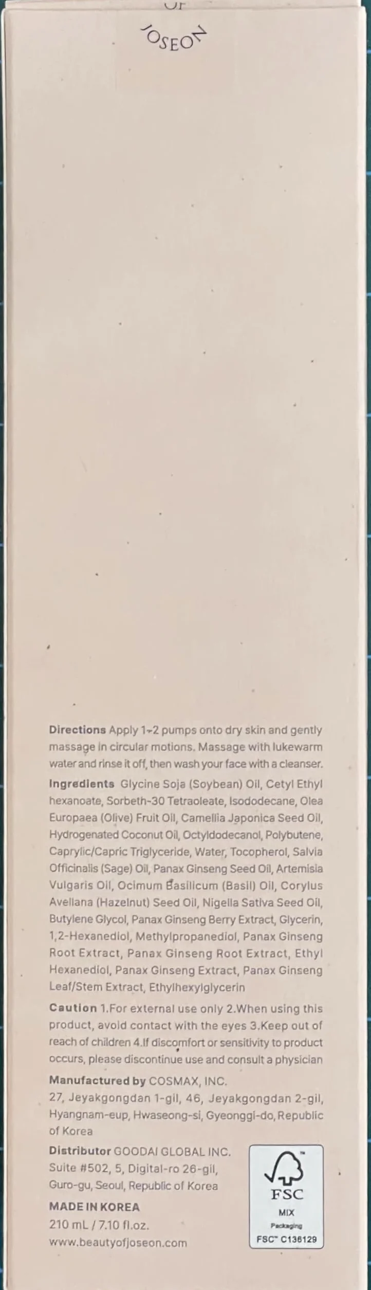 Beauty of Joseon Olio detergente al ginseng (210 ml, 7.1 fl.oz.)