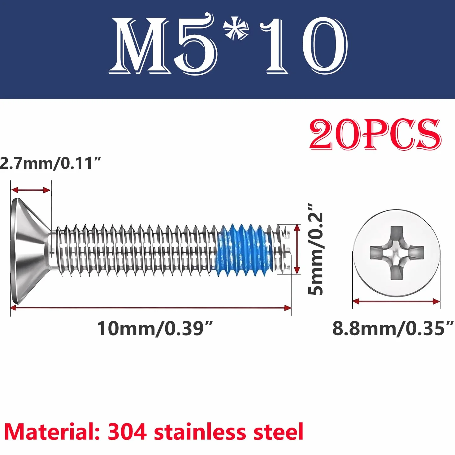 20 Viti a Testa Svasata Acciaio Inox M5x10mm Antiscivolo con Threadlocker per Fissaggio