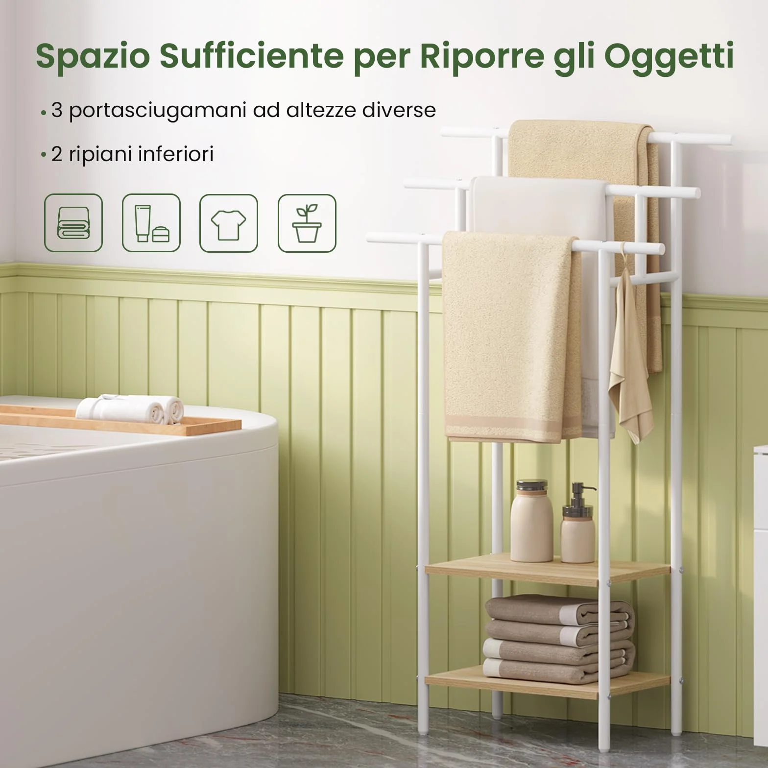 Portasciugamani Indipendente a 3 Livelli, Metallo Bianco + Legno Massello Effetto Rovere