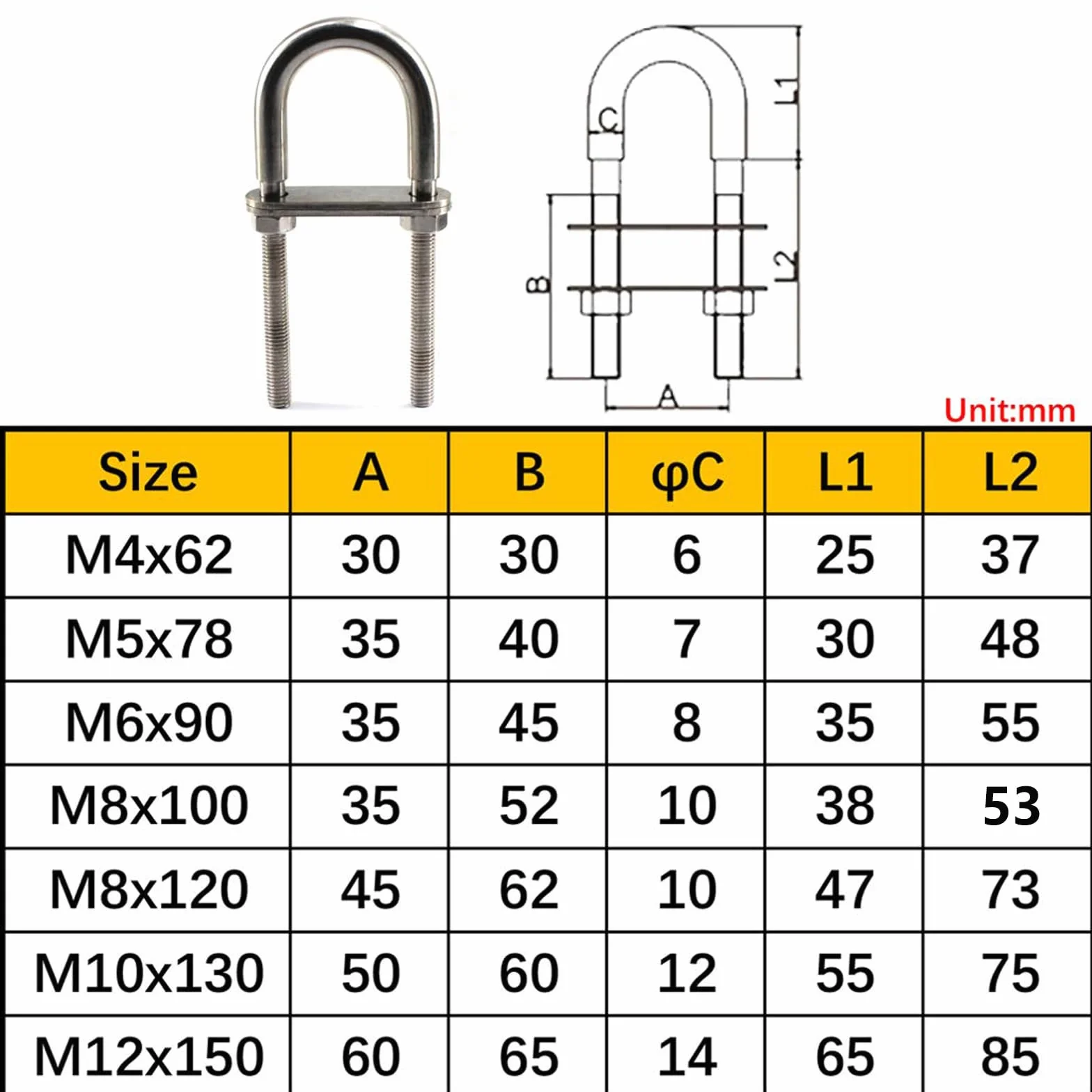 M8x100 U Bolt in 304 Acciaio Inox 2 Pezzi