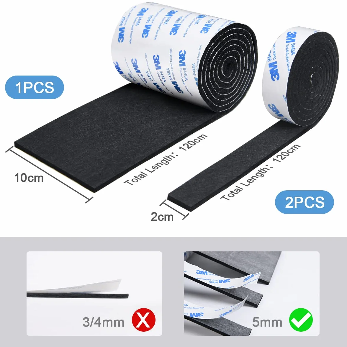 Vicloon Feltro autoadesivo 120 cm, 3 rotoli, antiderapant, protegge mobili e pavimenti in legno, nero