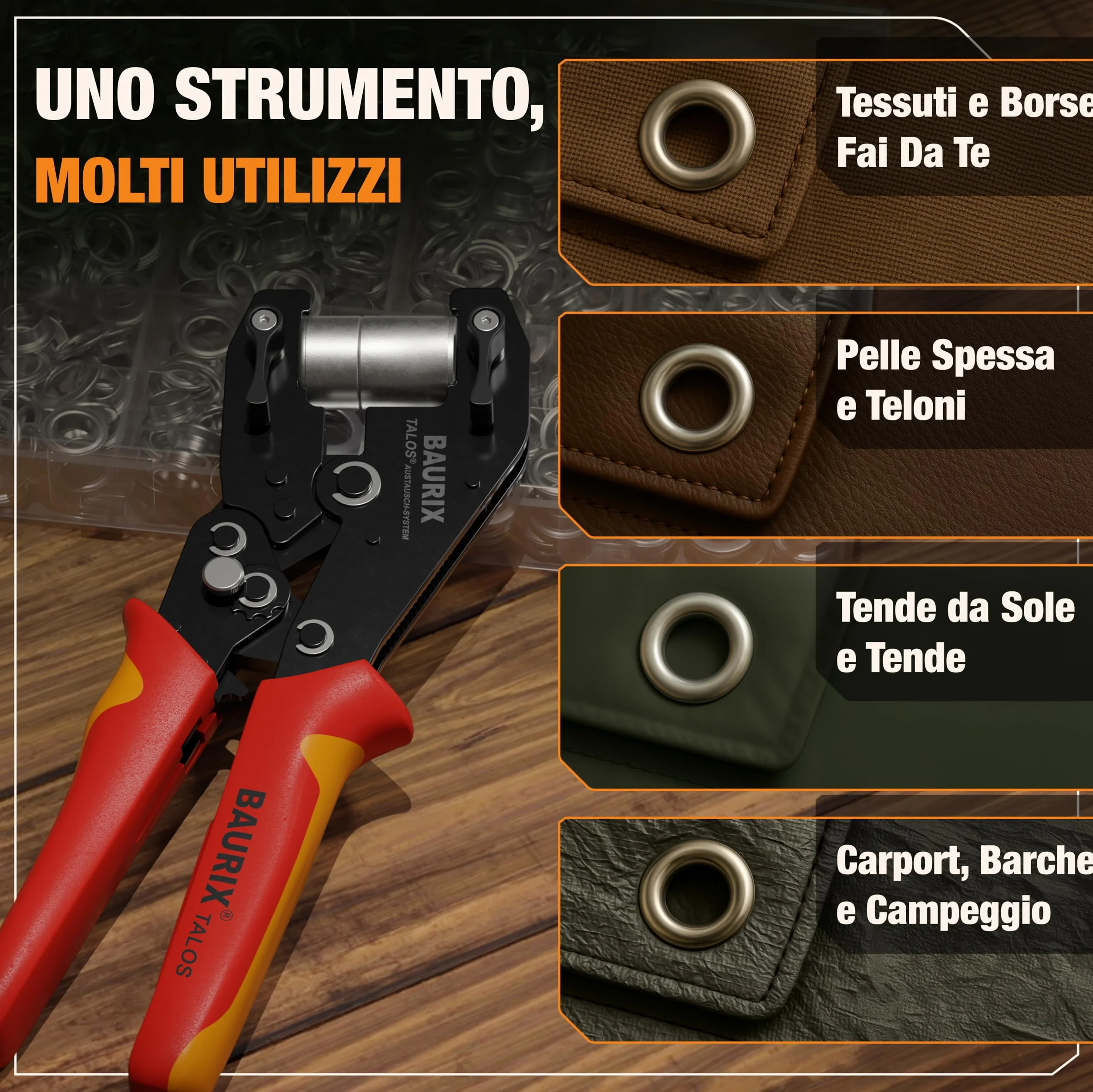 BAURIX Pinza Occhielli con 200 Occhielli Ø10 mm per Telo Stoffa Pelle Tessuti Autopunzante Senza Foro TALOS