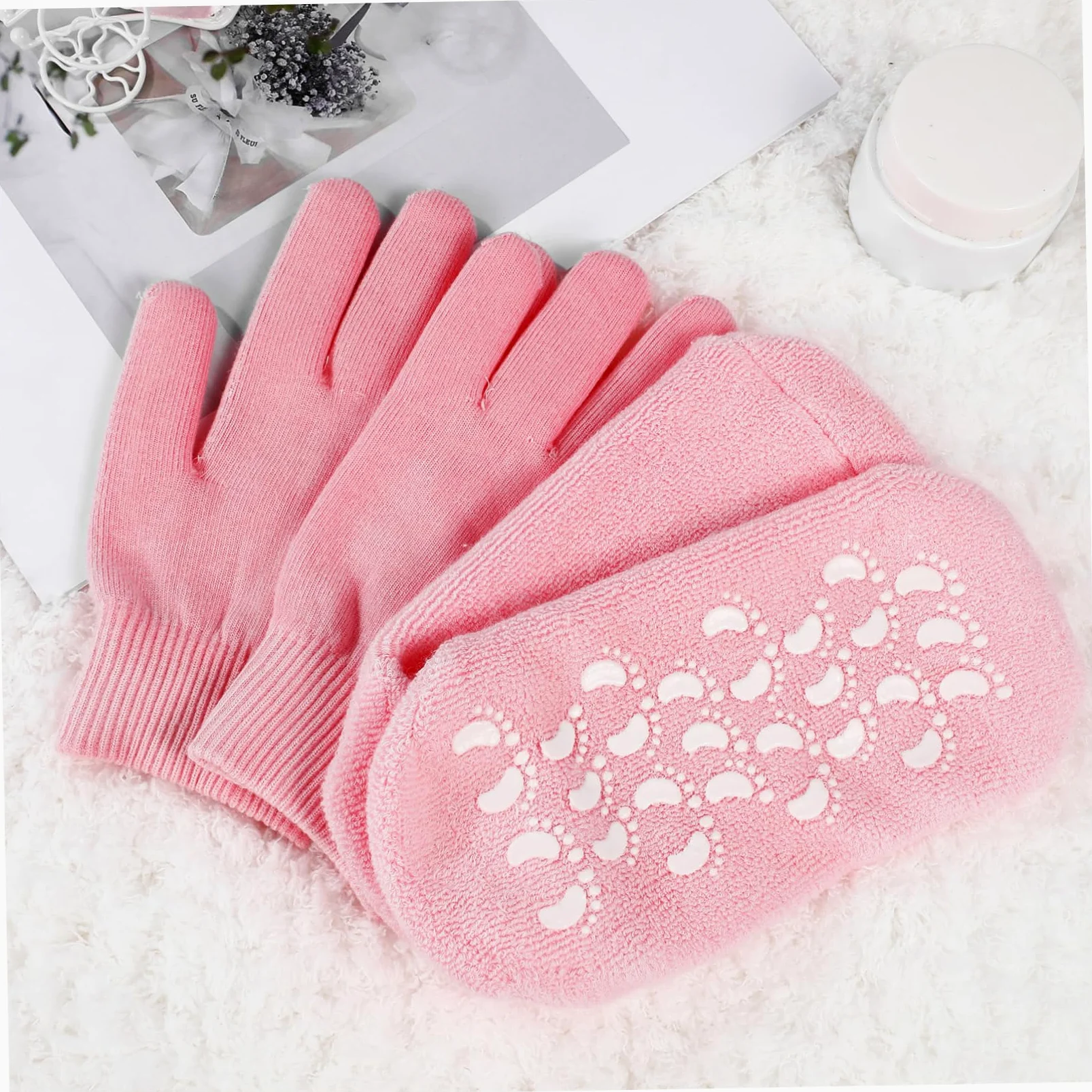 PLAFOPE Calzini Idratanti e Guanti Spa, 2 Set in Cotone Rosa, Traspiranti a Copertura Totale per Piedi e Mani Secche, Uso a Casa in Inverno