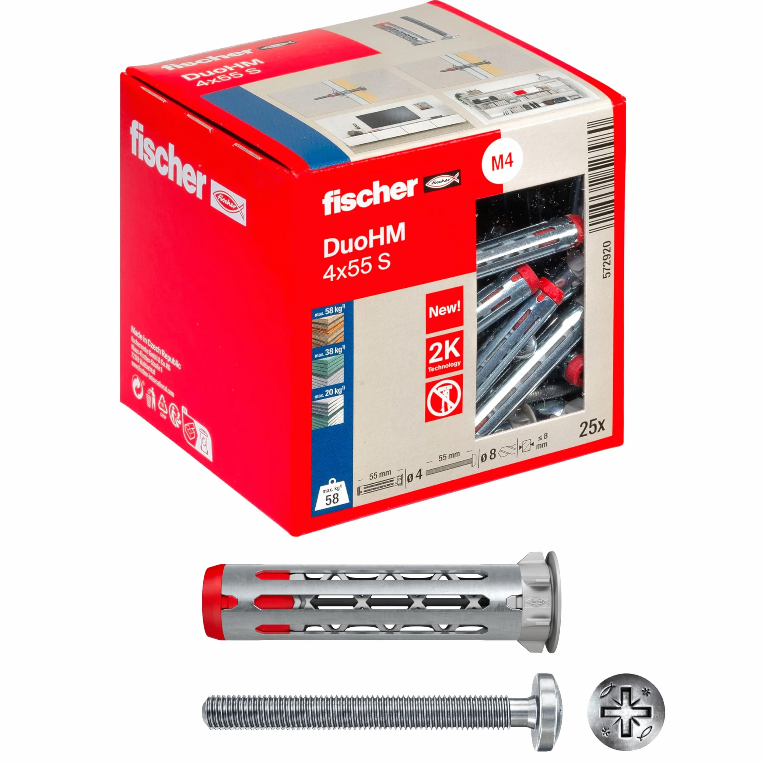 Fischer DuoHM Ø8 mm Vite a Croce POZI M4x55 mm, 25 Tasselli per Cartongesso Metallo e Nylon