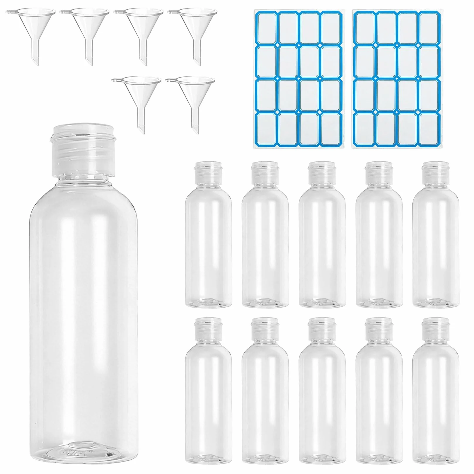 11 Pz Flaconi da Viaggio 100 ml, Kit Viaggio Aereo, Bottiglie Vuote Ricaricabili per Articoli da Toeletta, Cosmetici, Shampoo, Lozioni, Liquidi, con 6 Imbuti, 2 Etichette