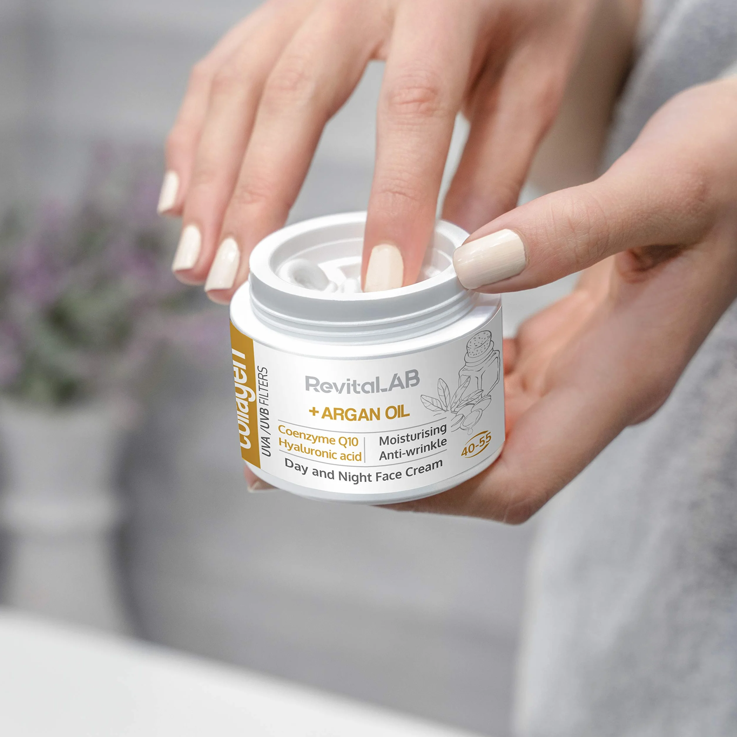 RevitaLAB Day and Night Collagen Anti-Aging Moisturizer, Enriched with Hyaluronic Acid, Q10, Argan Oil, and a UVA/UVB Filter for Ages 40 – 55, 50 ml