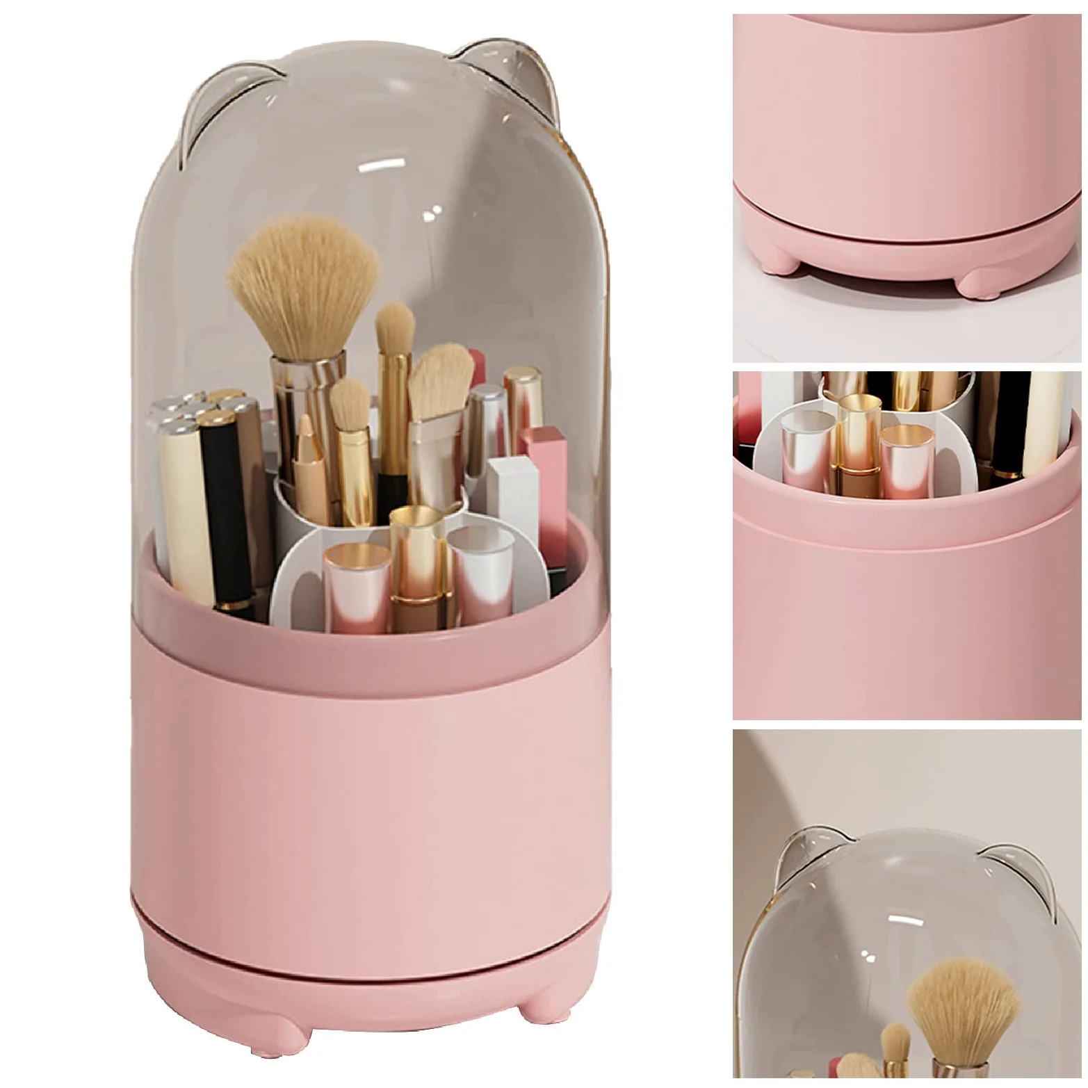 Cocoarm Contenitore per Pennelli da Trucco, Porta Pennelli da Trucco Girevole in Plastica con Base a 360 Gradi e Coperchio Trasparente, Scomparti Rimovibili di Grande capacità per il Bagno (Rosa