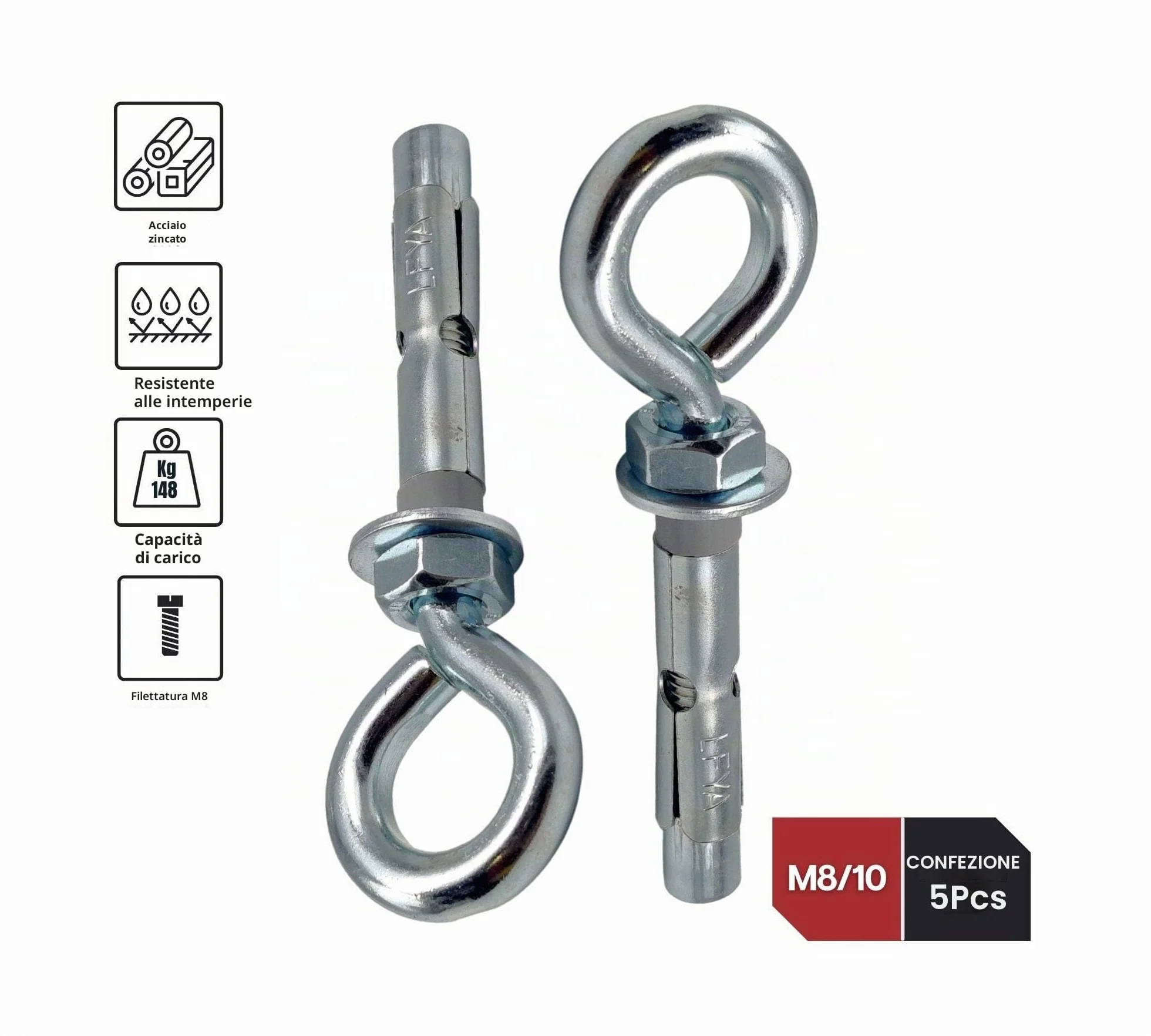 Tasselli Espansione con Anello M8-10 5 Pezzi Ganci Muro Acciaio Zincato Bianco
