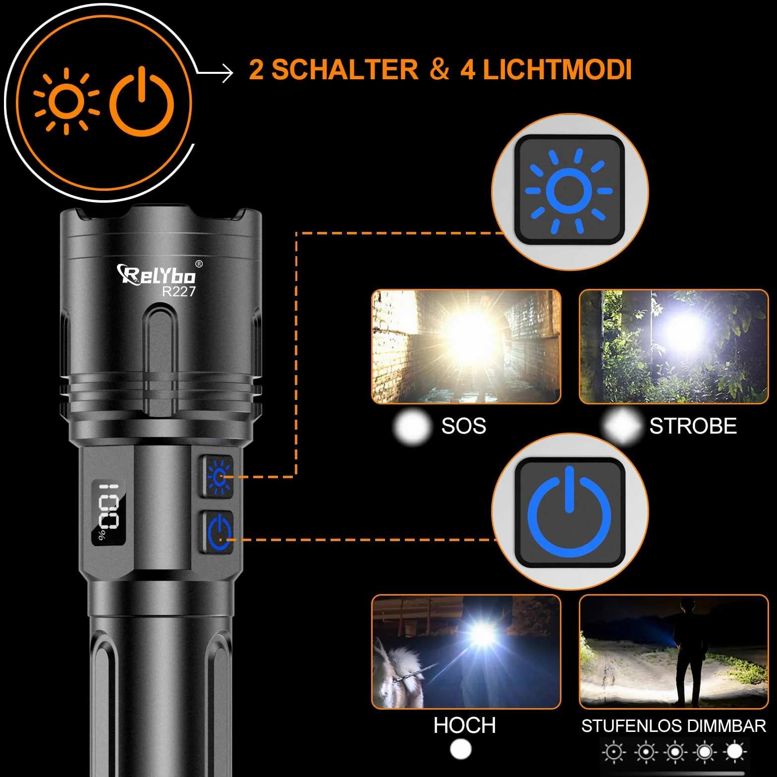 Relybo XHM90.2 Torcia LED 1,000,000 Lumens Ricaricabile USB C Dimmerabile Tattica