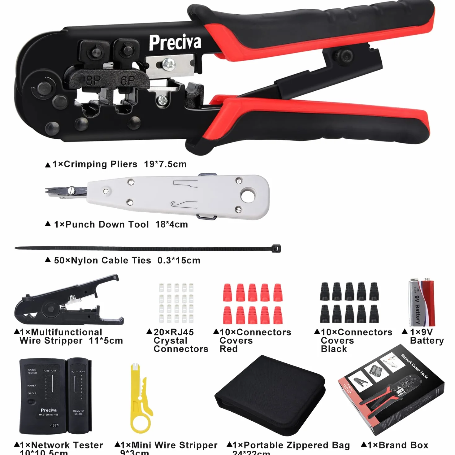 Preciva RJ45 RJ11 Kit di Rete Professionale 97 in 1 Crimpatrice Cavi Ethernet LAN Tester